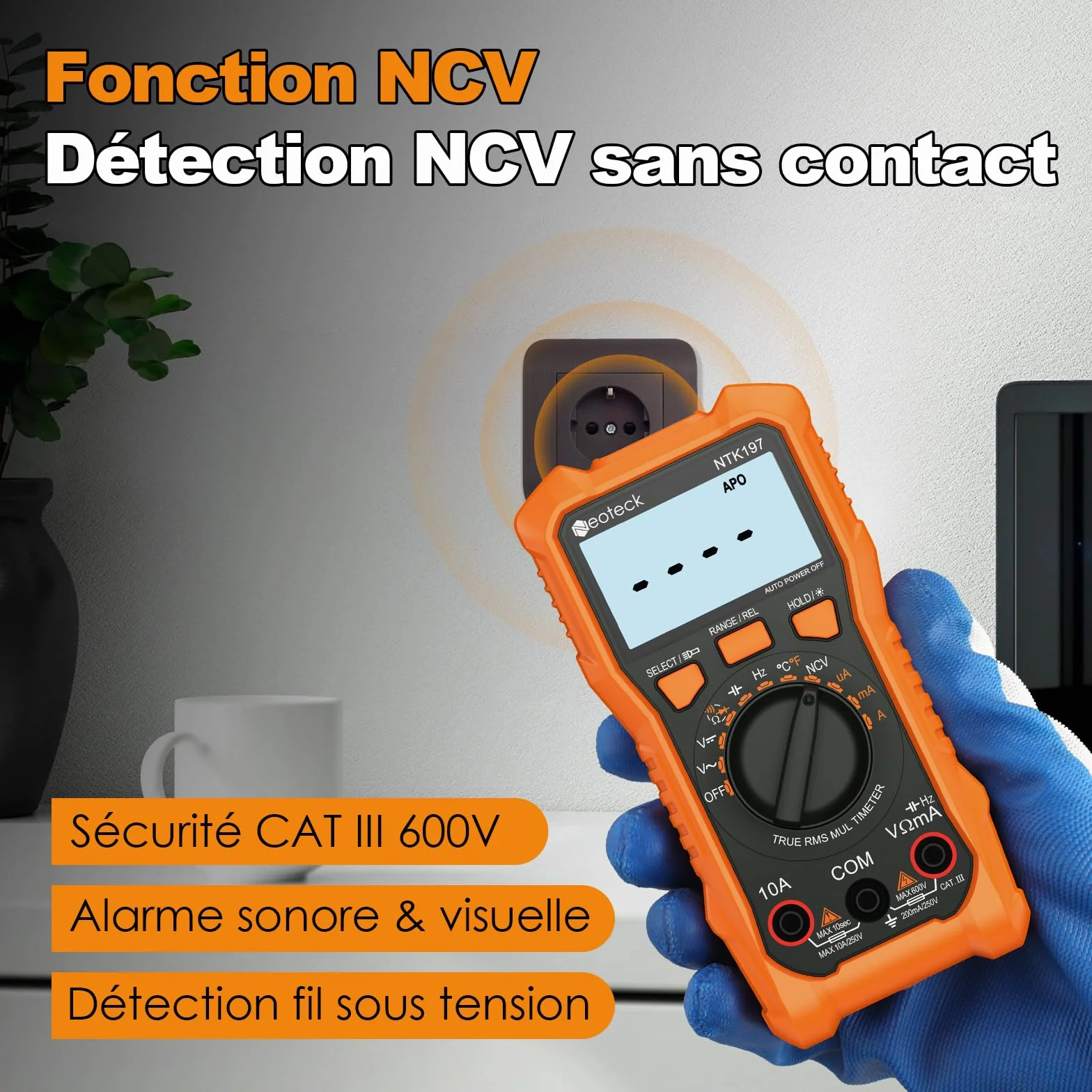 Neoteck Multimètre Numérique 2000 Comptages Testeur Électrique AC DC Tension Résistance Capacité NCV Fréquence Température 600V 10A