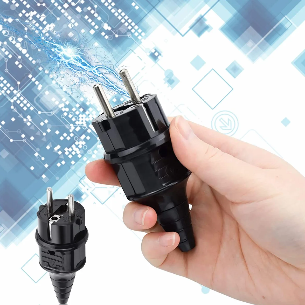 Fiche Électrique Mâle + Prise Femelle 250V 16A IP44 Caoutchouc Noir