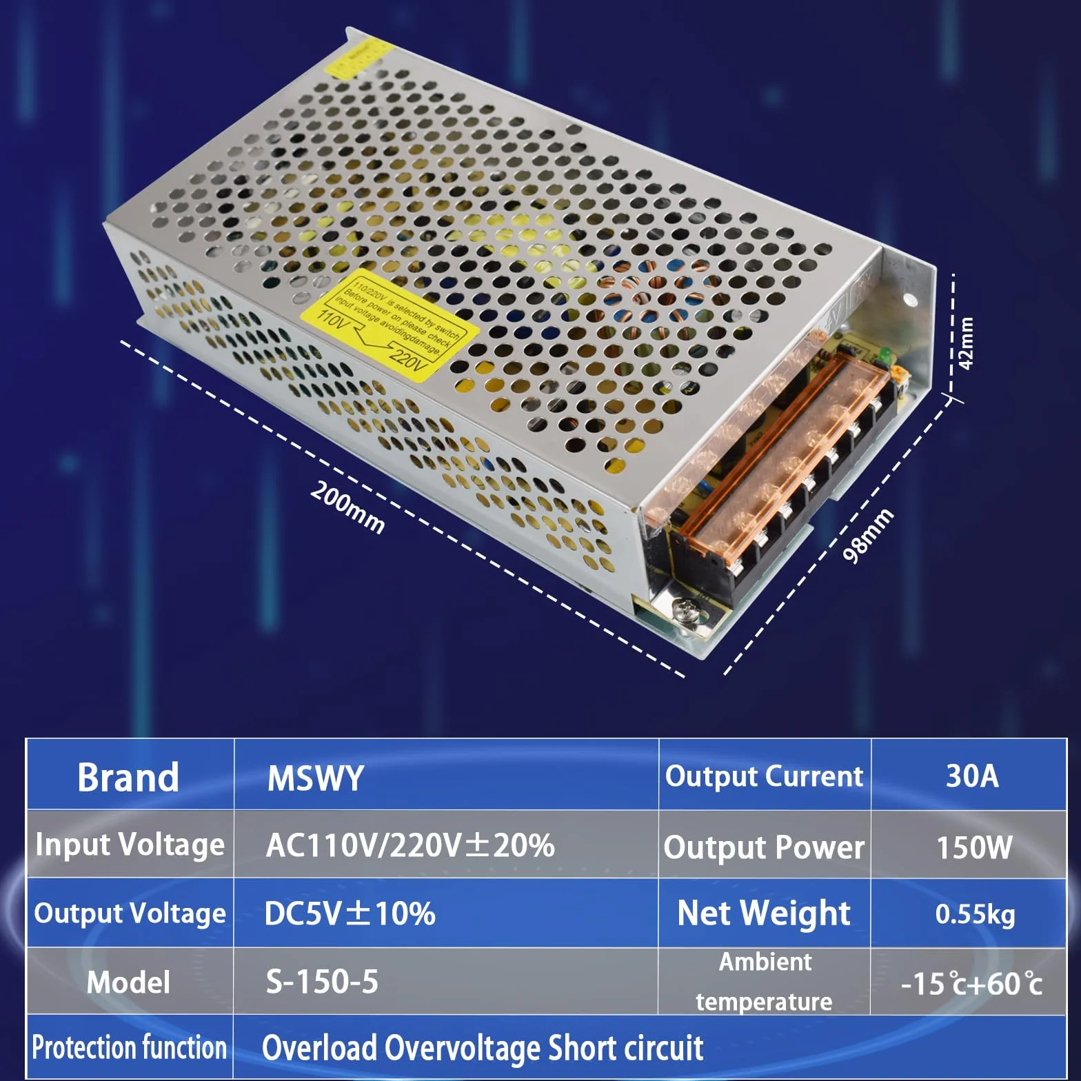 Alimentation à Découpage 5V 30A 150W 220V AC 110V/220V vers DC 5V pour Bande LED