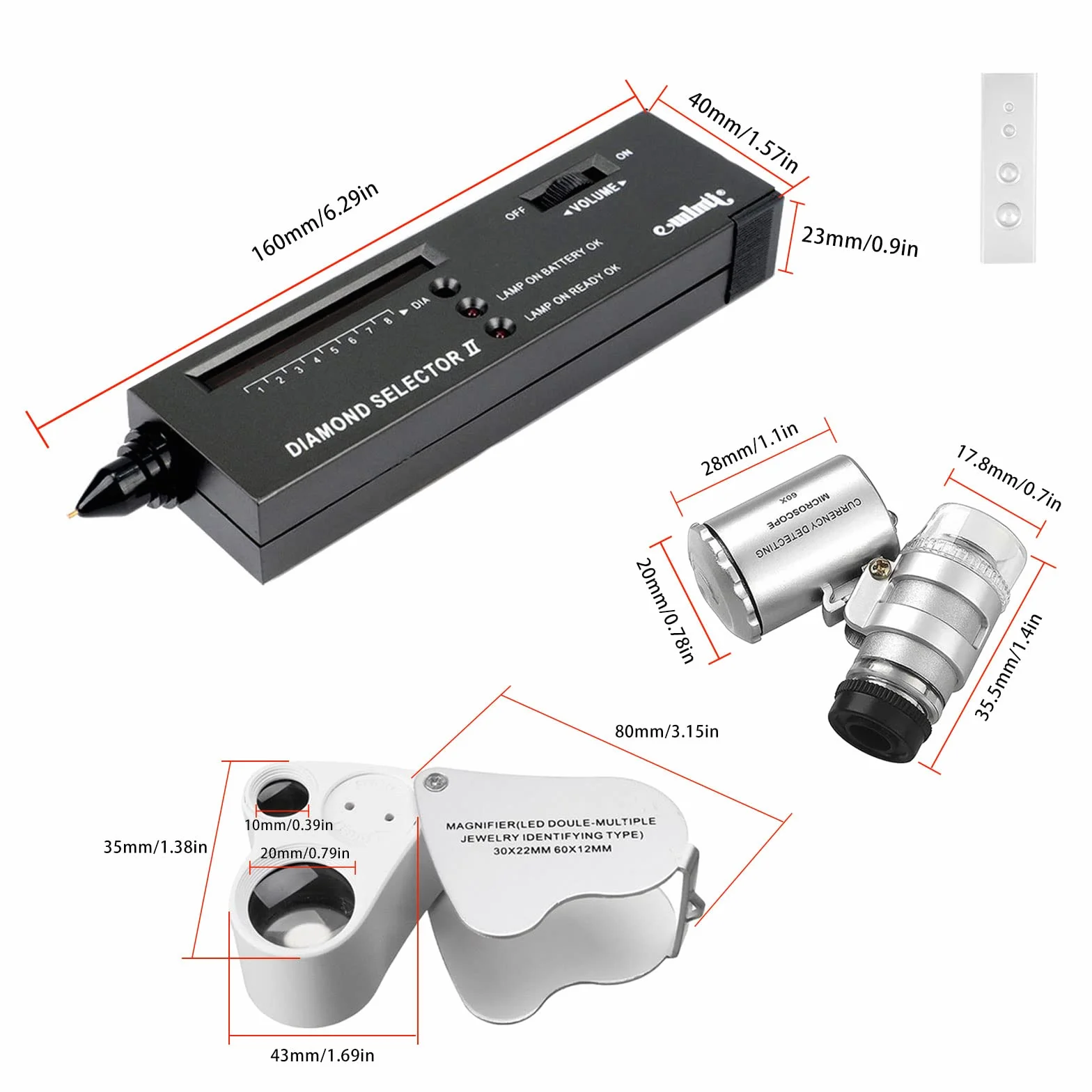 Testeur de diamant électronique portable avec loupes LED 30x 60x