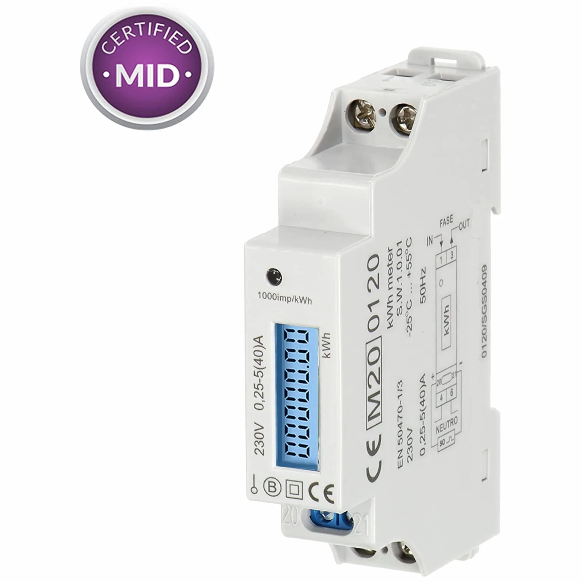 Compteur Electrique 1 Phase 40A MID Certificat DIN TH-35mm Module