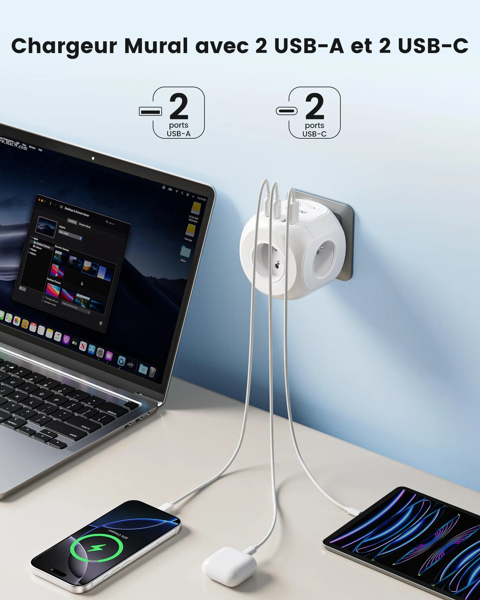 LENCENT Multiprise Murale Cube 8 en 1 4 Prises 2 Type C 2 USB A 4000W Adaptateur Secteur