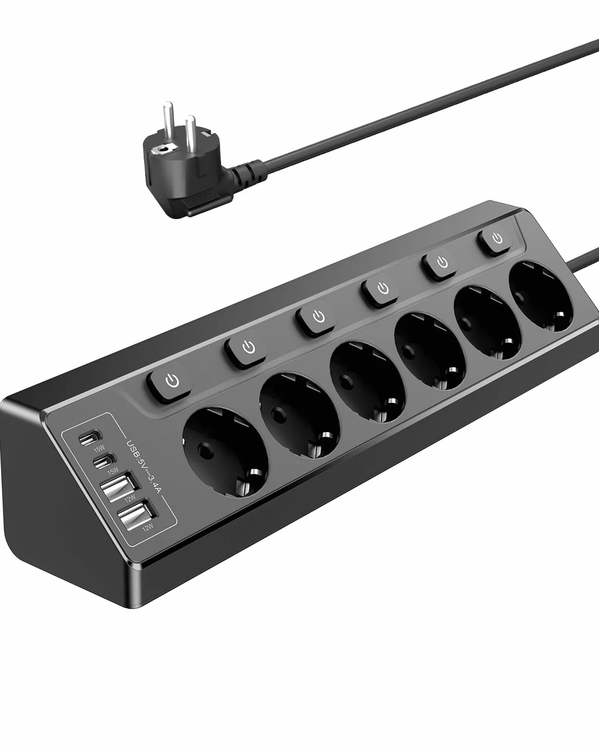 Prise Plan de Travail Cuisine, Multiprise 6 Prises avec 2 Ports USB A et 2 Ports USB C, Interrupteur, Rallonge 2m
