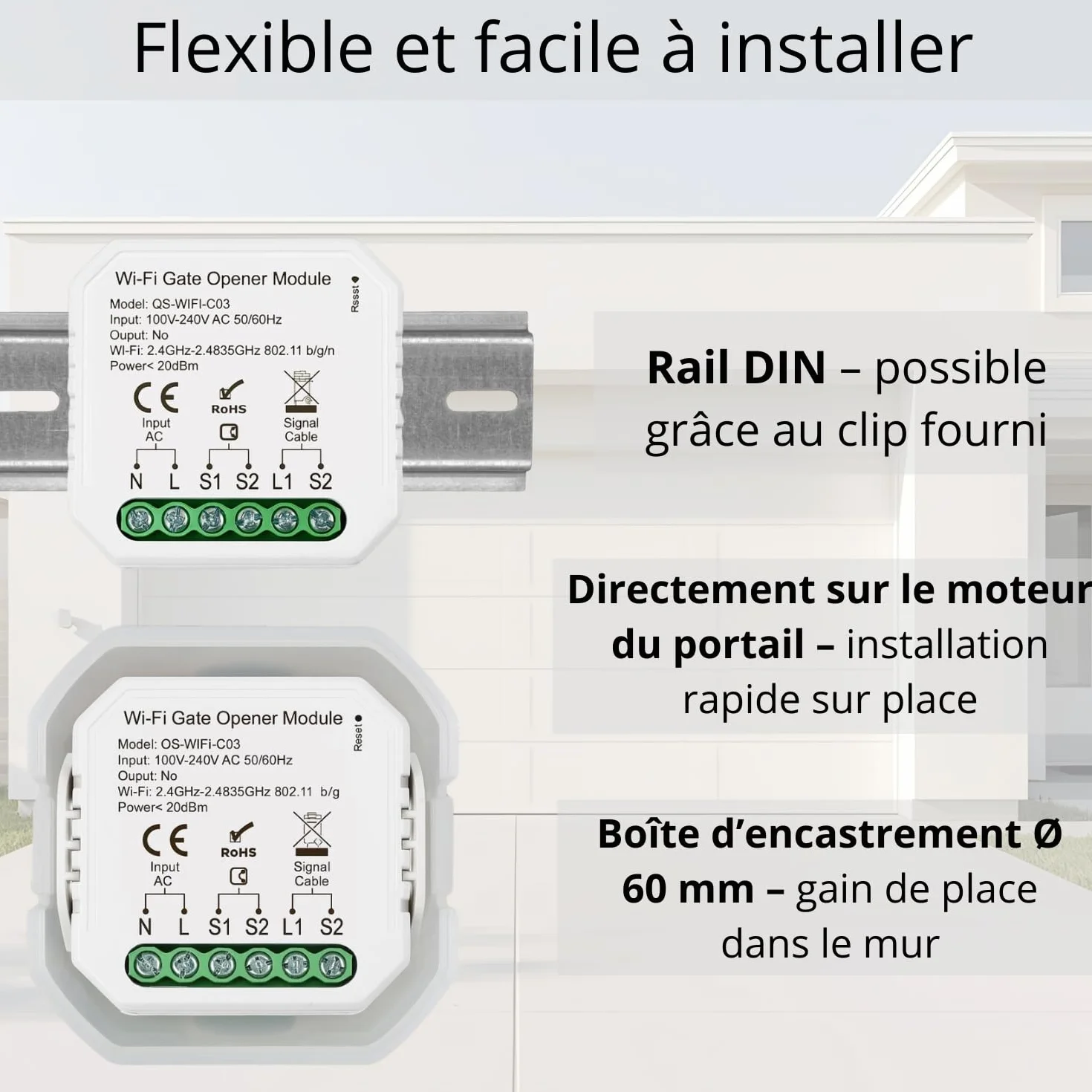 Sone Smart One Ouvre Portail Connecté WiFi 2.4GHz 230V Contact Sec - Compatible Tuya Smart Life Alexa Google Home - Capteur Inclus 46x46x18mm