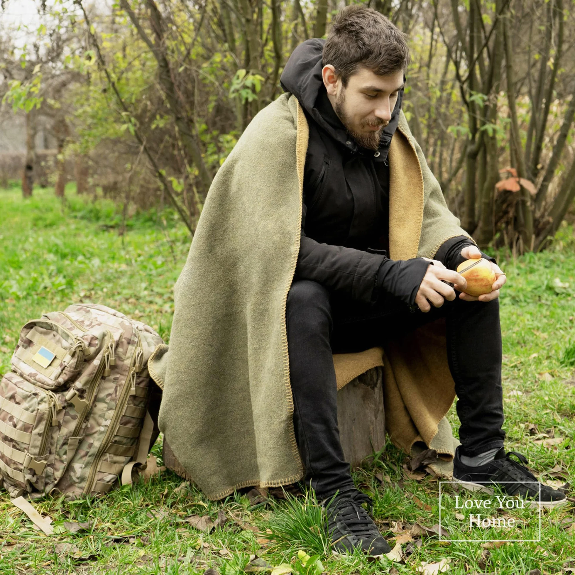 LYHome Plaid Laine Merinos - Couverture pour Canape Lit 1 Personne, Couvertures Accessoires Exterieur de Camping Militaire Voyage et Armee, Hiver Chaud 150x215 cm, Moutarde - Vert Olive Réversible