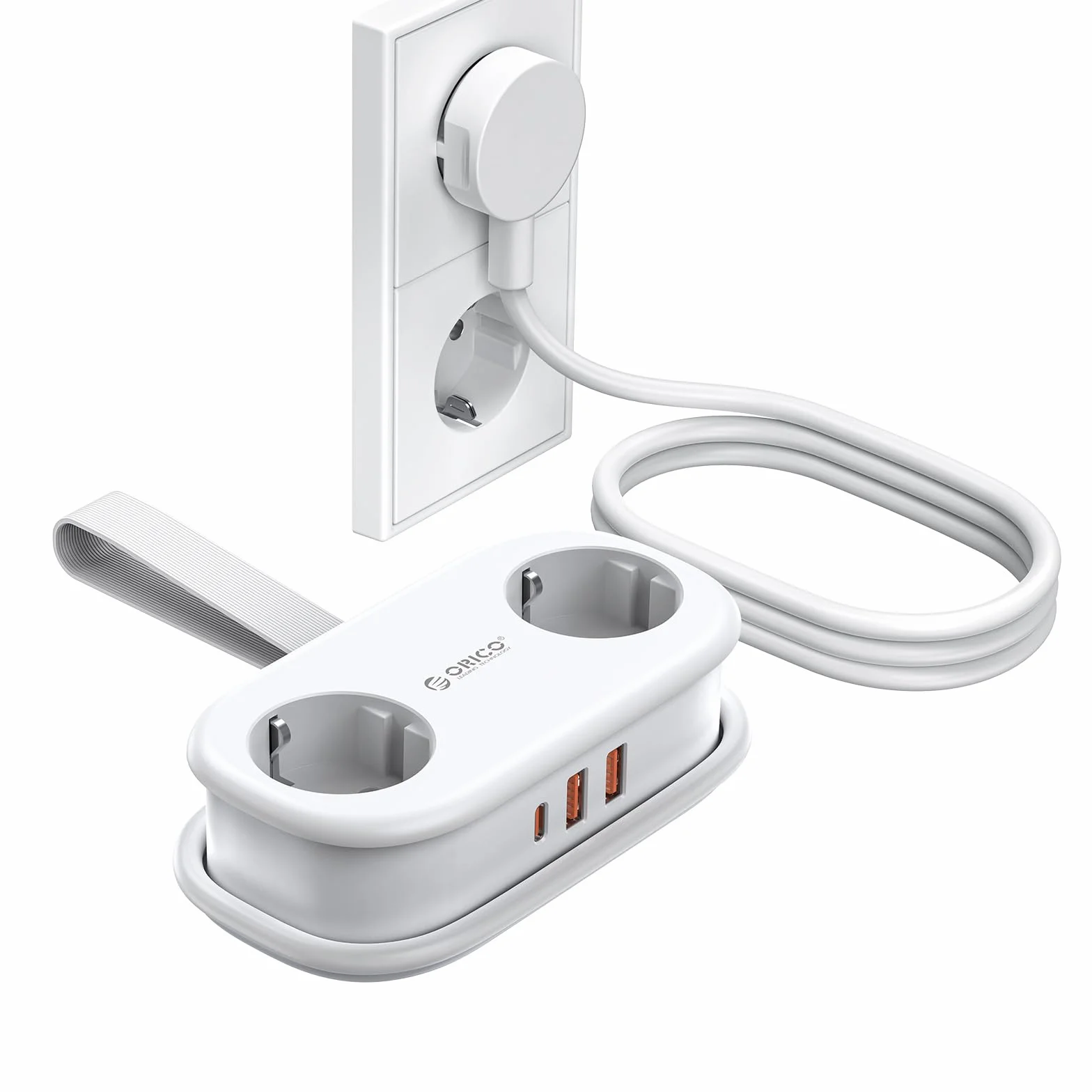 ORICO Multiprise Voyage 2 Prises USB-C 20W PD Blanc Compacte Portable Cordon 1,5m