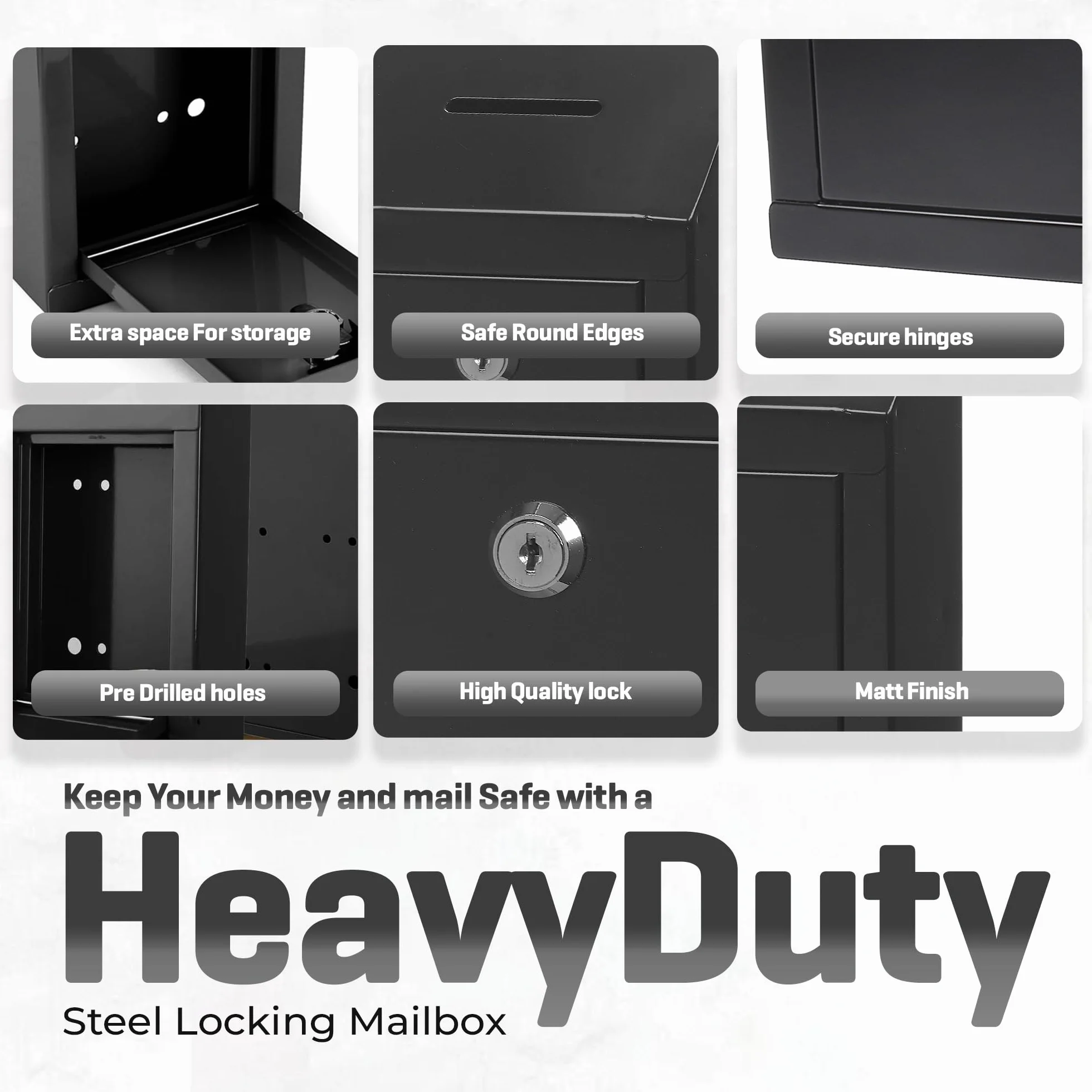 Boîte à suggestions en métal avec fente et verrou Noir 25,4 x 6 x 6,3 cm