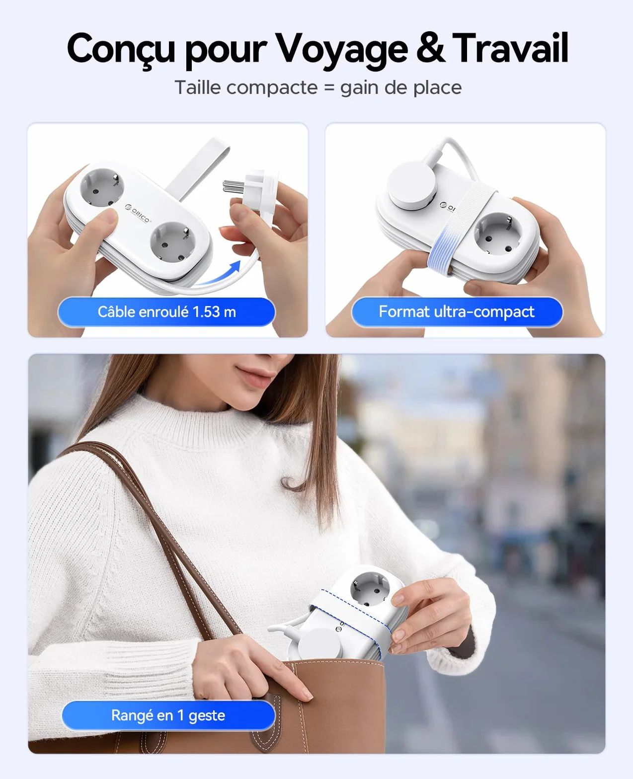 ORICO Multiprise Voyage 2 Prises USB-C 20W PD Blanc Compacte Portable Cordon 1,5m