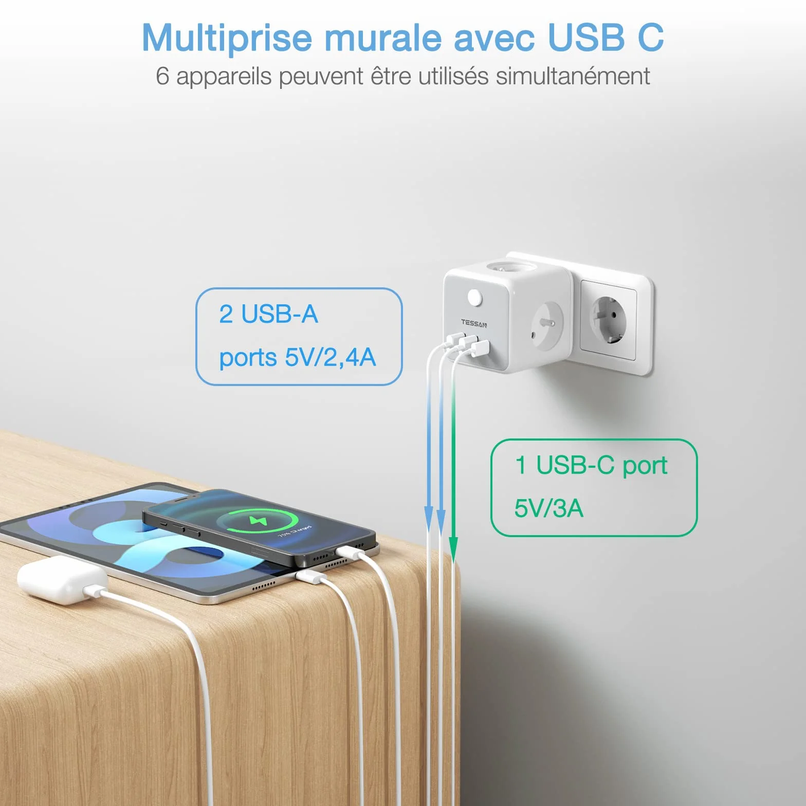TESSAN Multiprise Cube 6-en-1 Chargeur USB Murale Prise Française 3 Sortie AC 3 Ports USB Adaptateur Secteur 2500W Gris