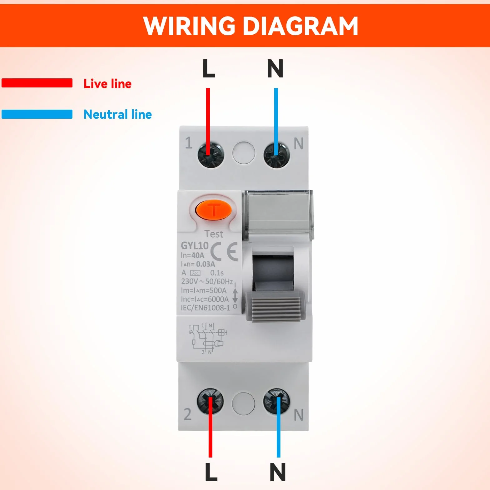 Disjoncteur Différentiel 40A 30mA RCCB Type A AC230V GYL10-2P-40A-0.03A