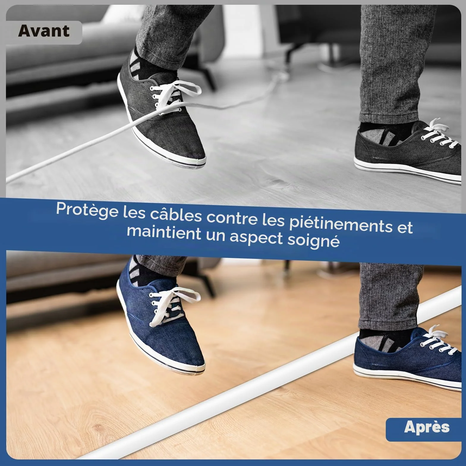 Passage de Cable au Sol adhésif goulotte Passe Cable Flexible PVC 30mm×3m Blanc