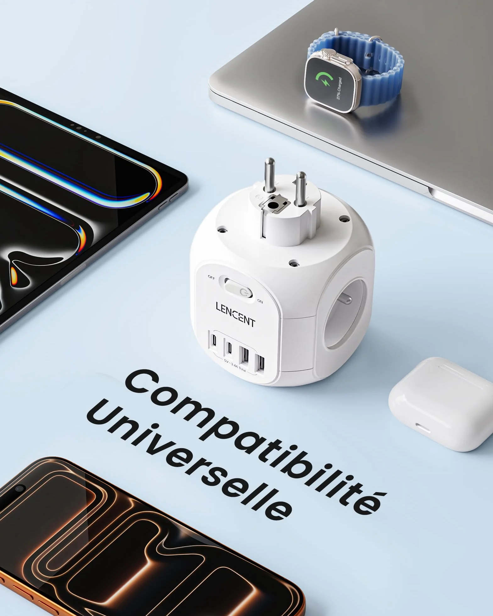 LENCENT Multiprise Murale Cube 8 en 1 4 Prises 2 Type C 2 USB A 4000W Adaptateur Secteur