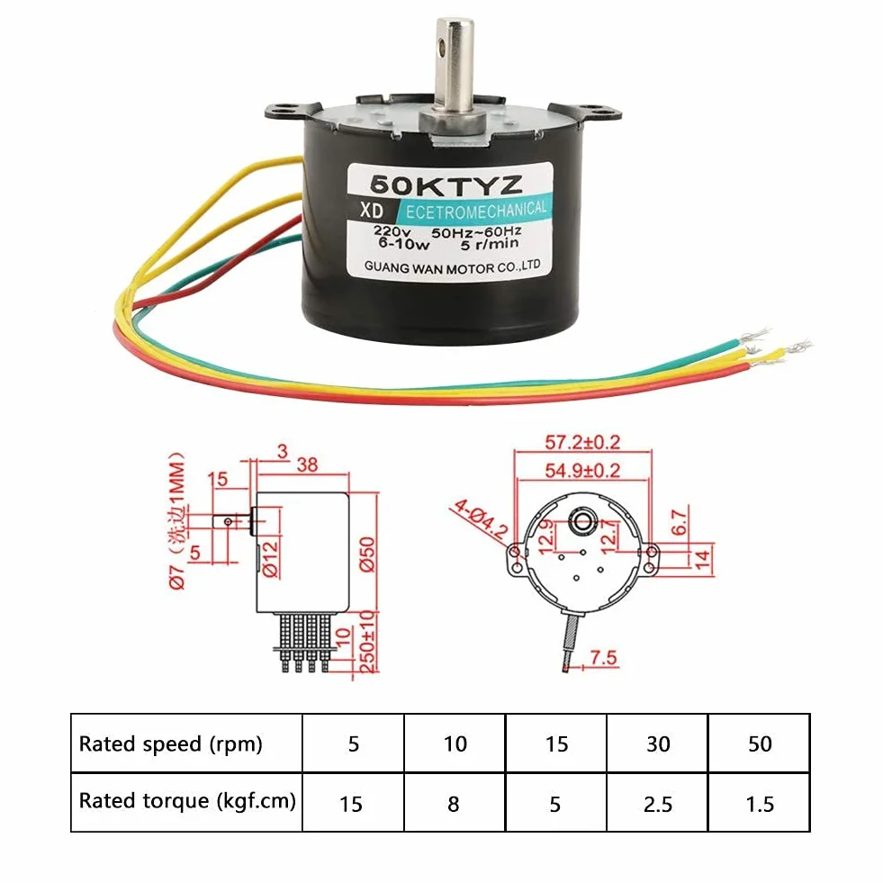 Moteur Synchrone à Aimants Permanents 50KTYZ AC 220V 6-10W 10rpm CW/CCW