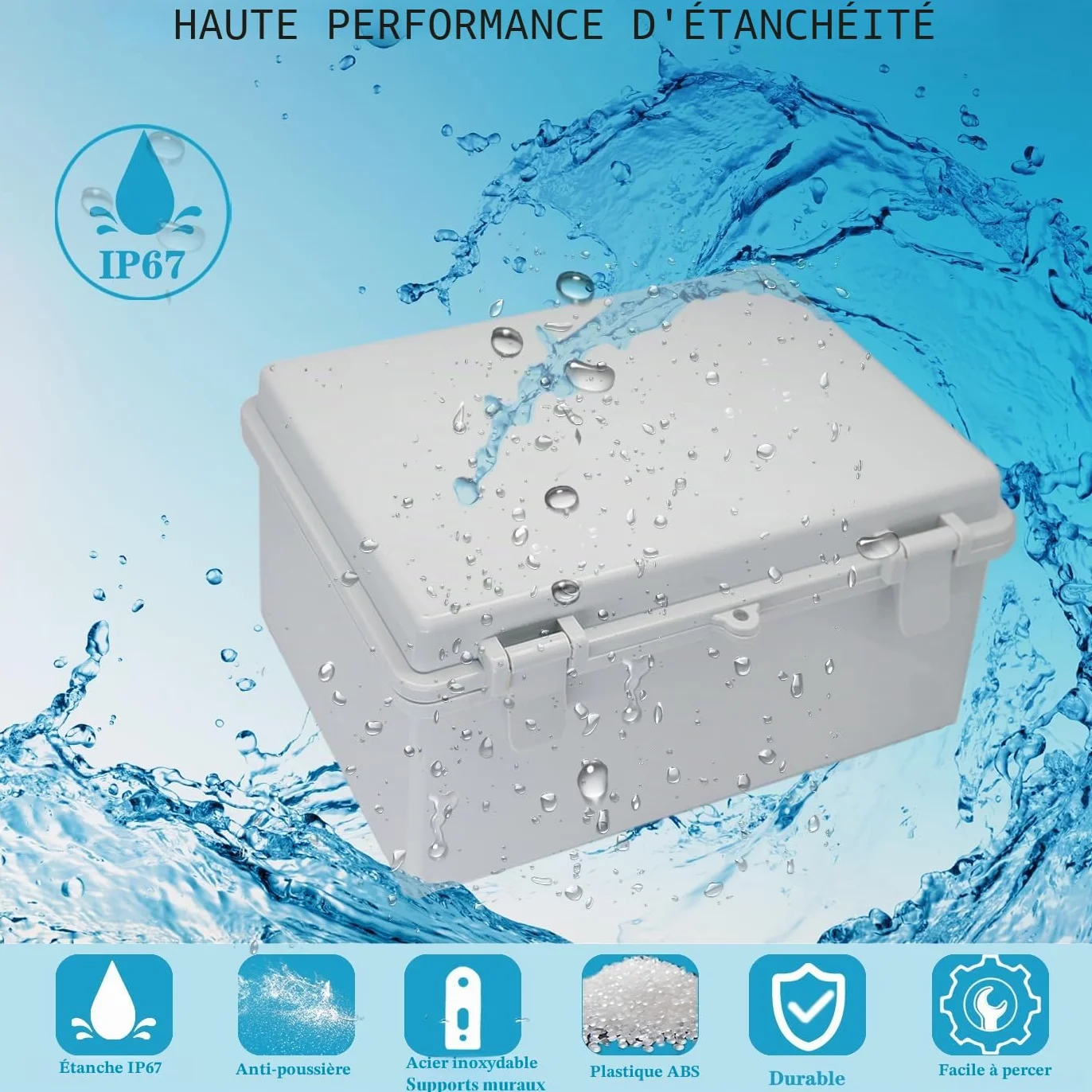 Waterproof Junction Box IP67 ABS Plastic Outdoor Electrical Enclosure with Mounting Plate Wall Bracket 2 Cable Glands 8.7x6.7x4.3 Inch Grey