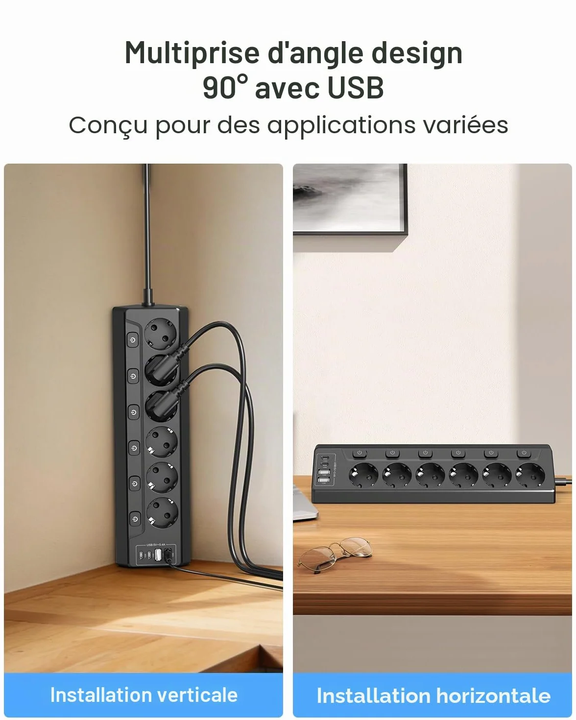 Prise Plan de Travail Cuisine, Multiprise 6 Prises avec 2 Ports USB A et 2 Ports USB C, Interrupteur, Rallonge 2m