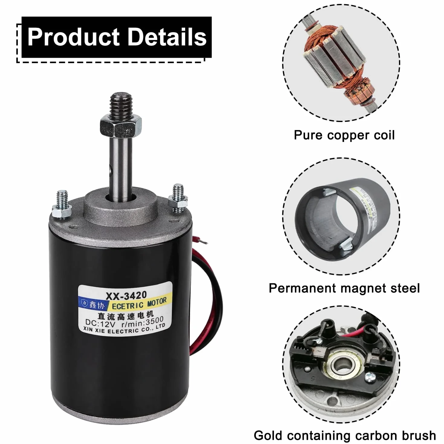 Moteur à Aimant Permanent 12V DC 30W 3500 tr/min CW/CCW Haute Vitesse Faible Bruit pour Générateur de Bricolage