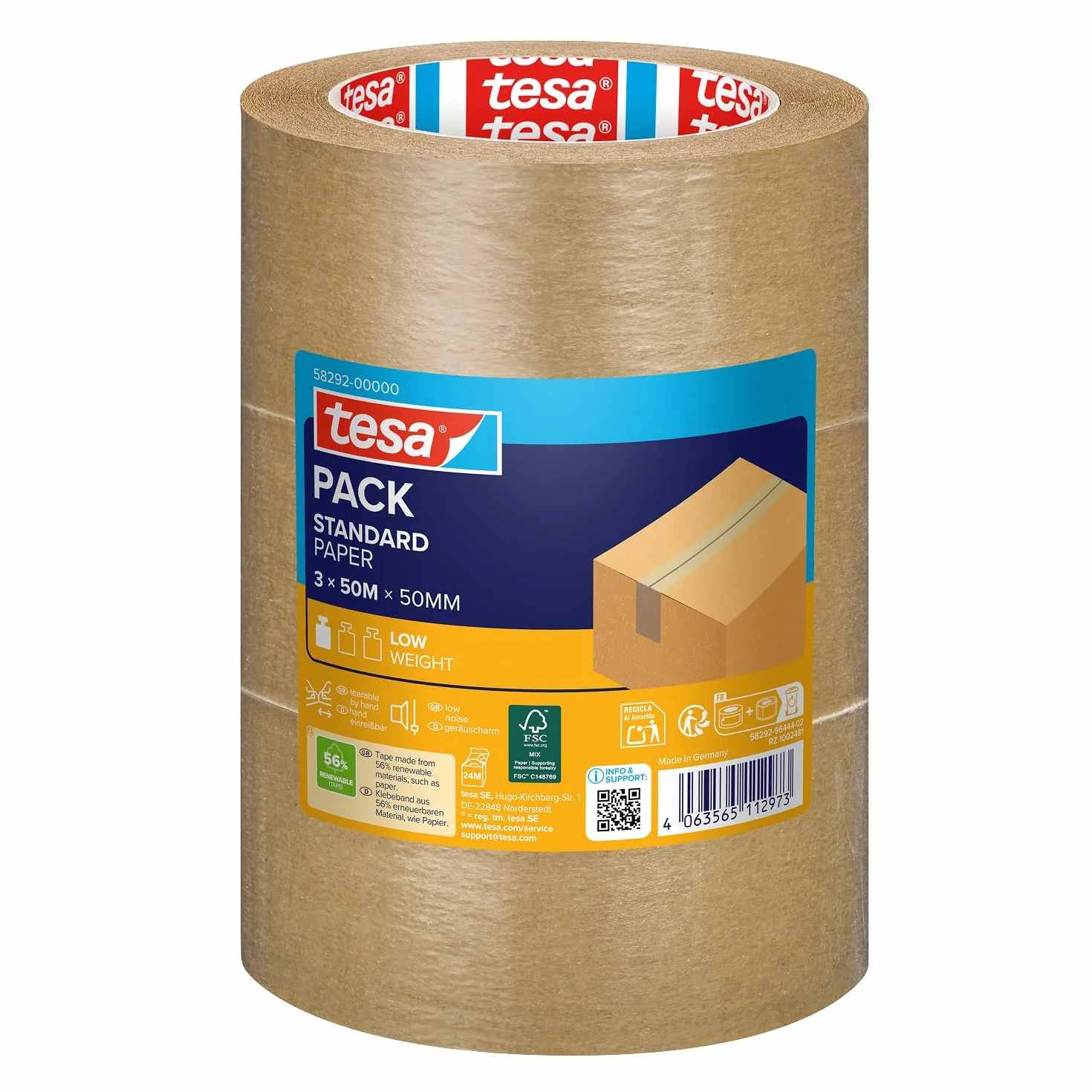 Tesa tesapack STANDARD PAPER Ruban d’emballage en papier Marron 3 rouleaux 50 m x 50 mm