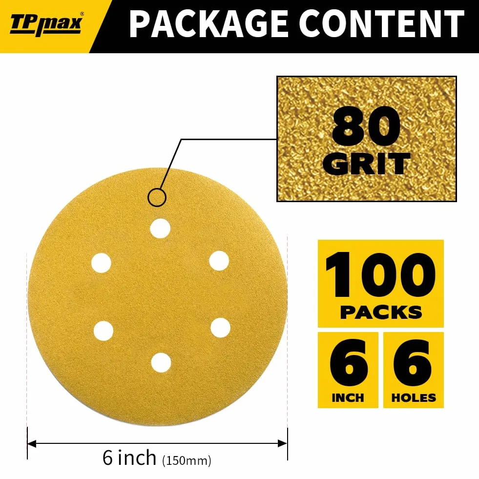 Disques Abrasifs Auto-agrippants 150mm 6 Trous 100 Pièces Grain 80 Ponceuse Orbitales
