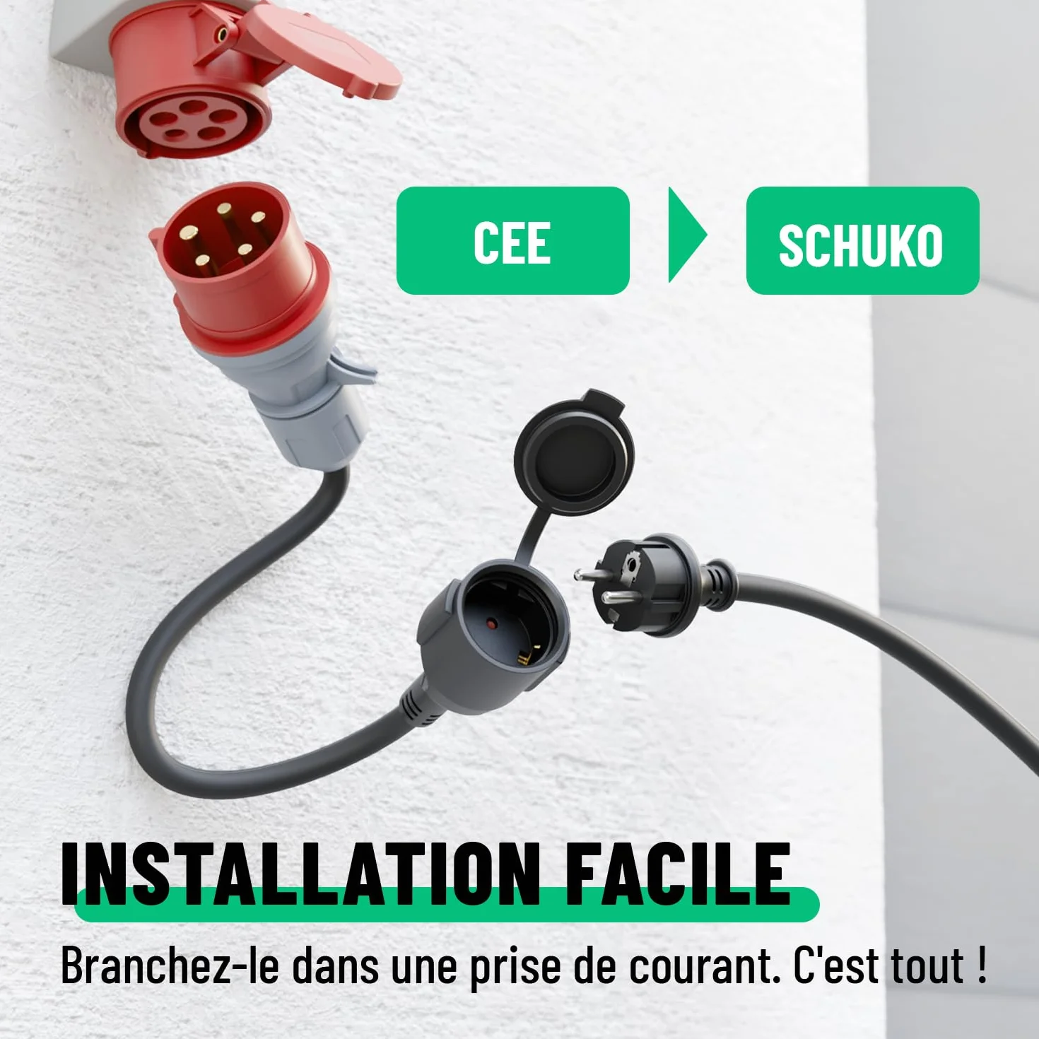 Adaptateur triphasé en monophasé CEE 16A vers prise Schuko câble 50 cm IP44