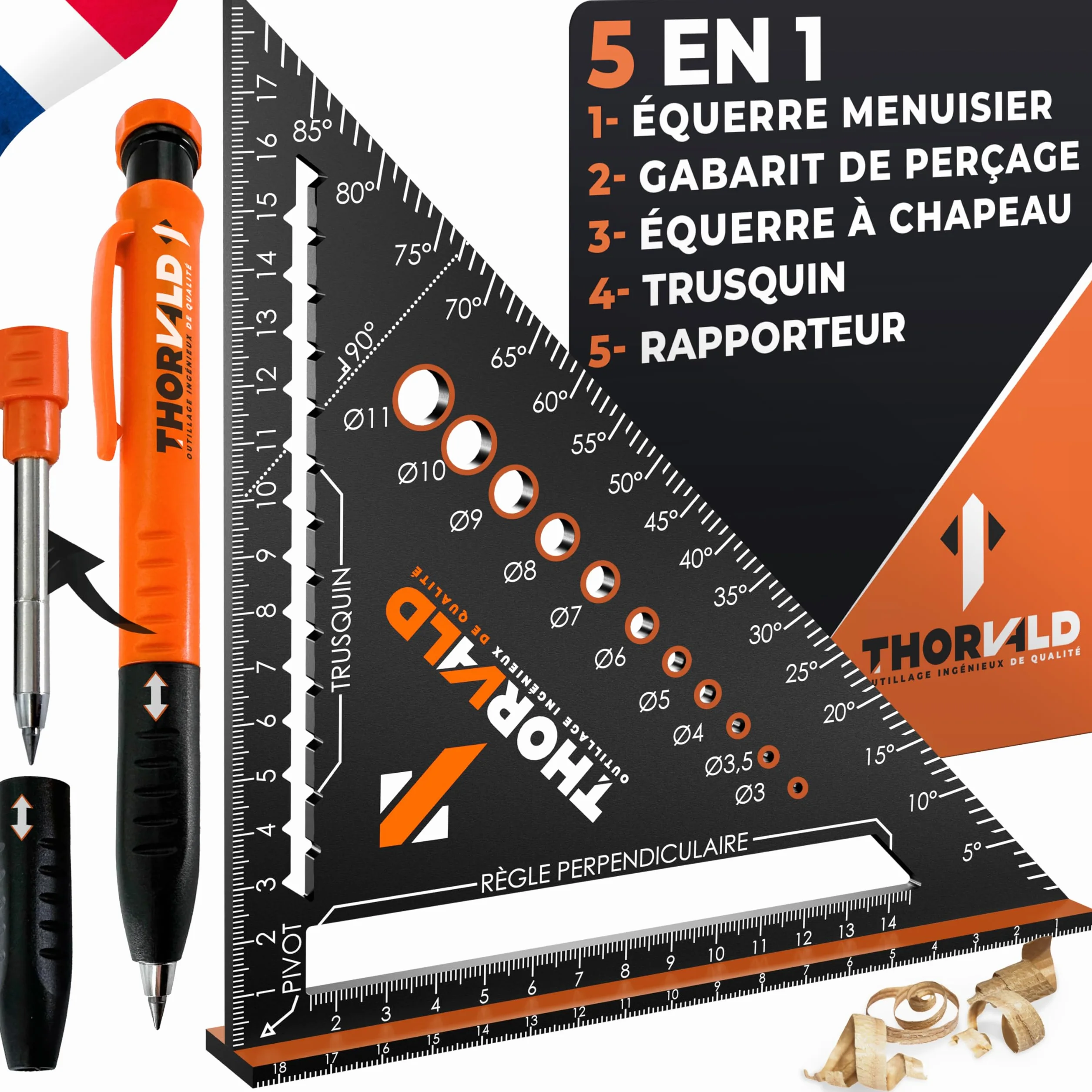 THORVALD 5 en 1 Equerre Menuisier 180 mm Aluminium Trusquin Rapporteur Gabarit de percage