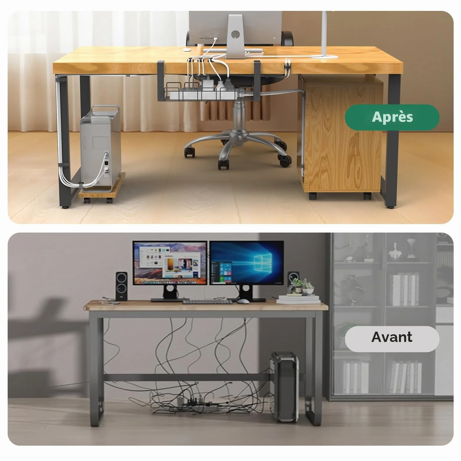SURFOU Lot de Cable Management, Plateau de Gestion des Câbles sous Bureau sans Perçage, Noir
