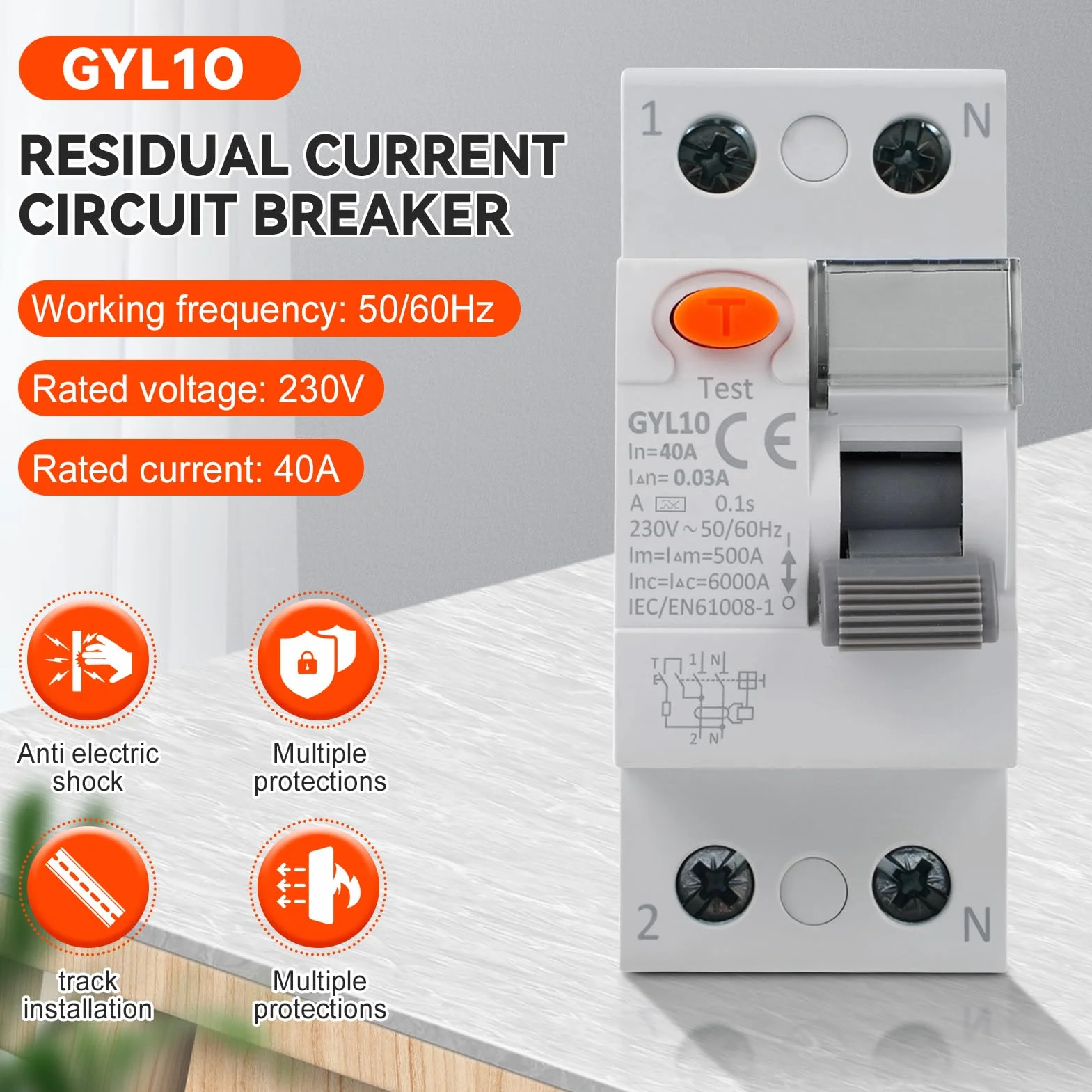 Disjoncteur différentiel 30mA 40A type A 2P AC230V RCCB GYL10