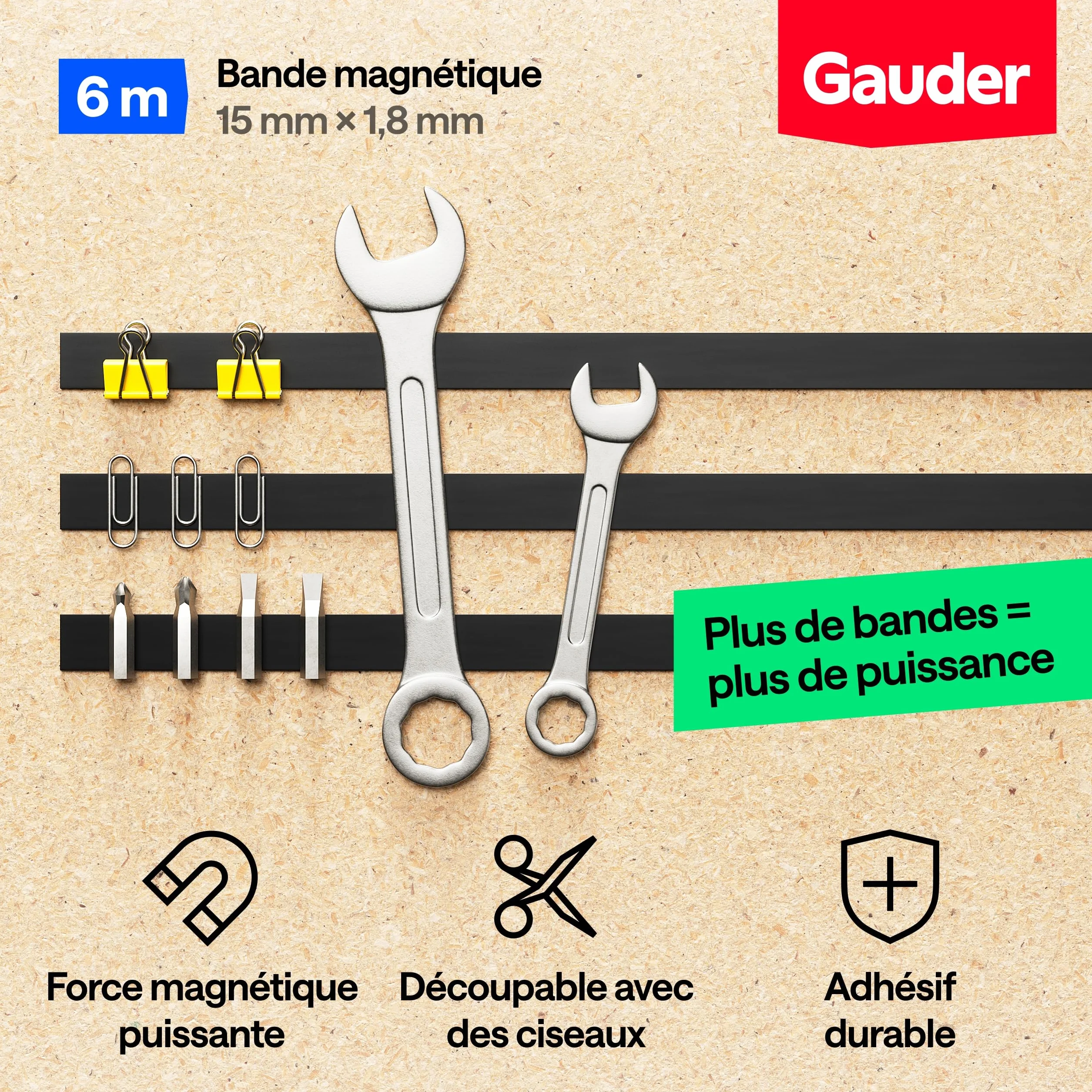 GAUDER Bande Magnétique Autocollante 3M - Ruban Magnétique Puissant à Découper - 6 m x 15 mm