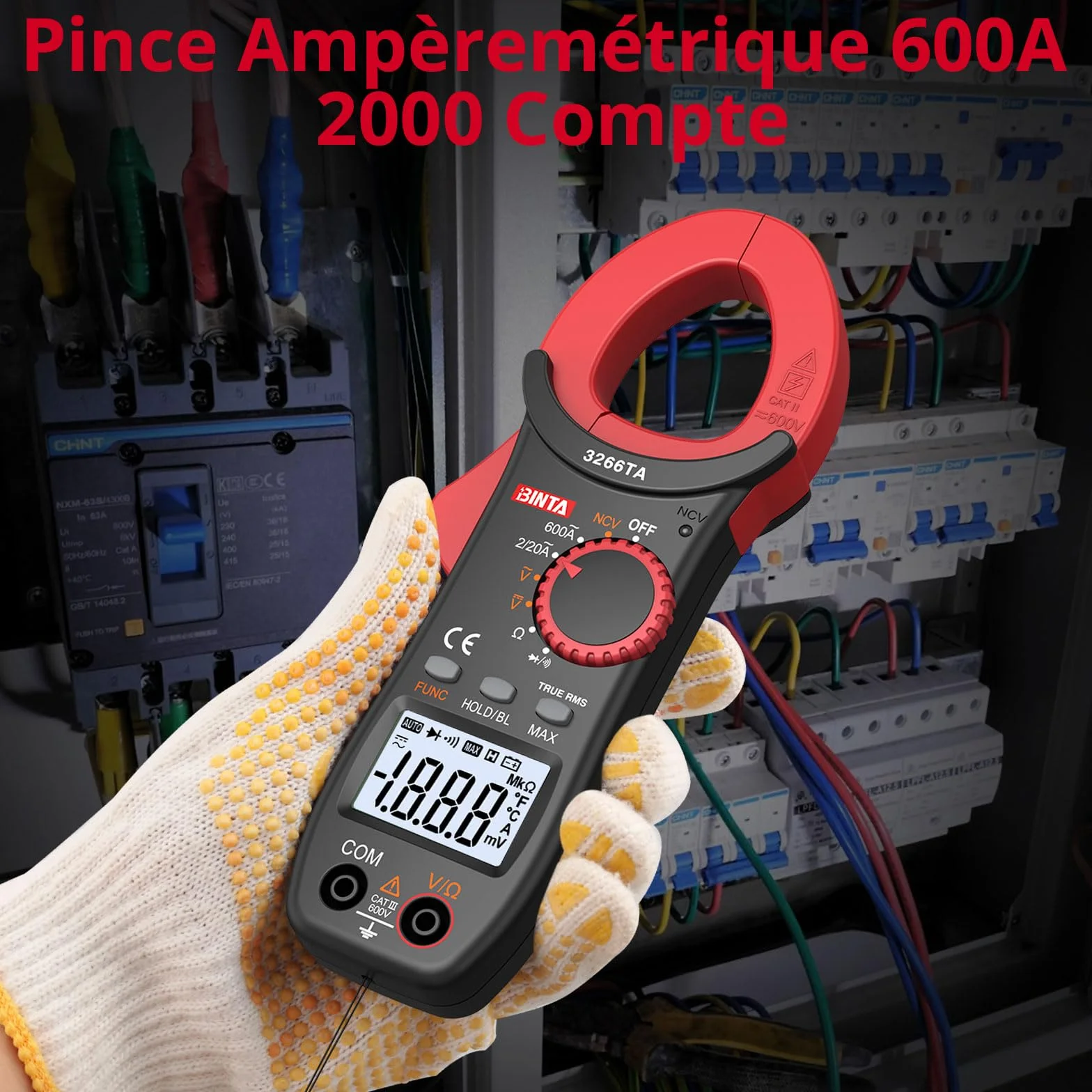 BINTA Pince Ampèremétrique Numérique 600A AC TRMS Multimètre 2000 Points Auto Range Tension AC/DC 600V NCV