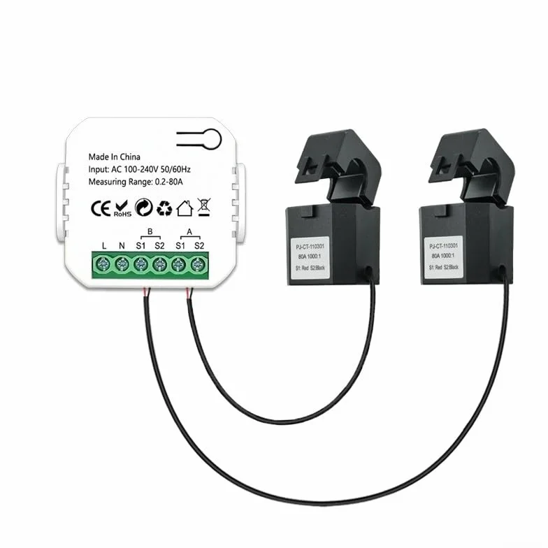 Compteur d'énergie WiFi 2 voies Bidirectionnel Tuya avec Pince Analyse Consommation Facteur de Puissance Fréquence