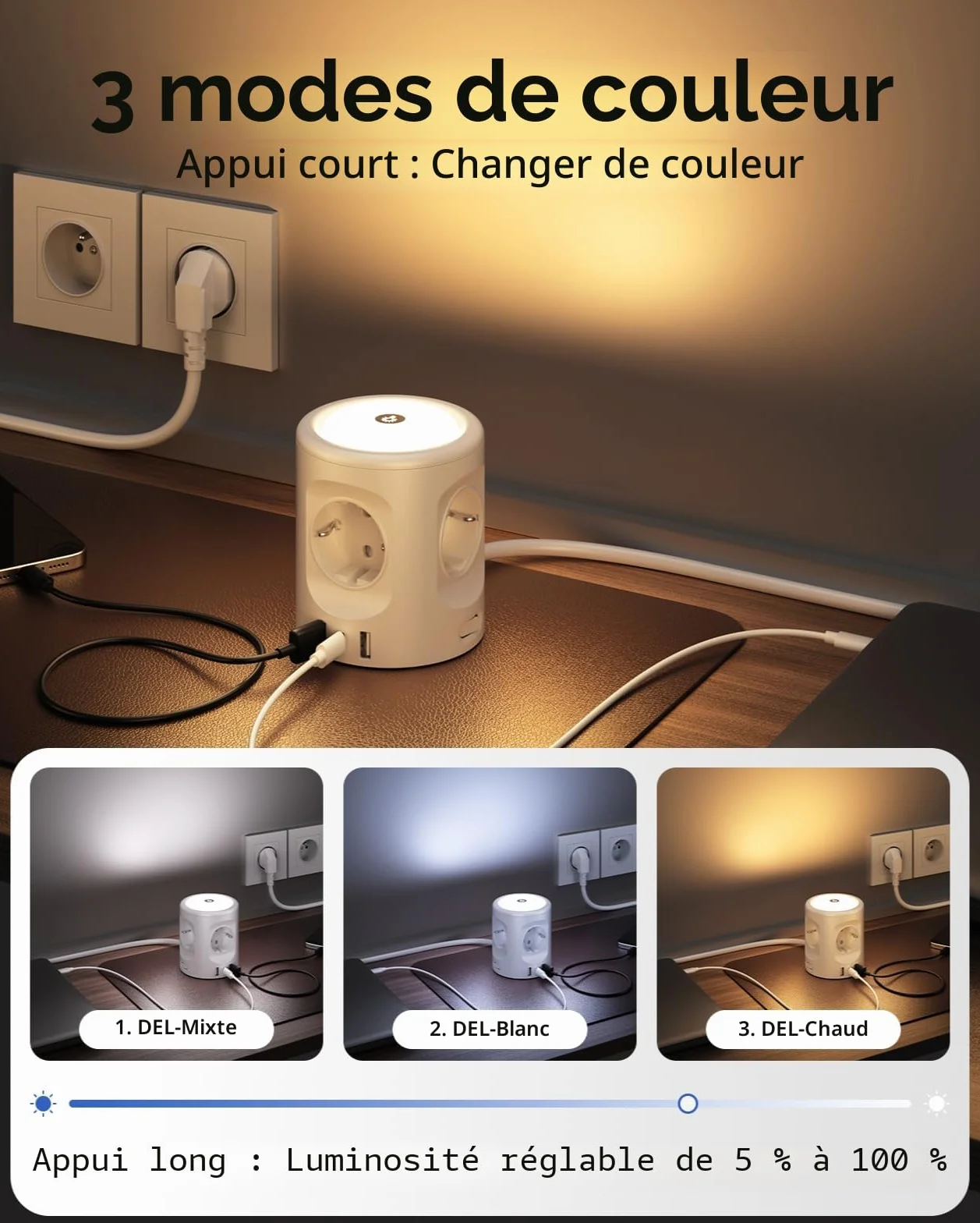 Multiprise avec lumière 4 Prises + 3 USB, Protection S.O., Cube 3 Modes écl., 2 m, 16 A