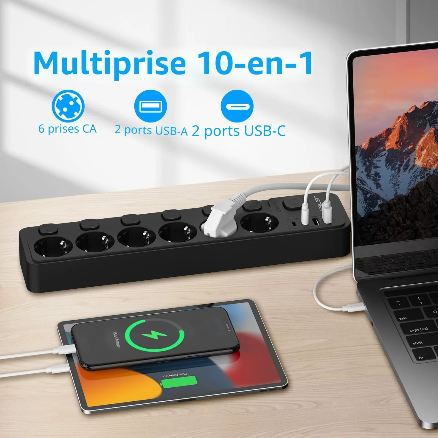 Multiprise USB avec Interrupteurs individuels 6 Prises 2 USB 3680W 16A Cable 2m Noir