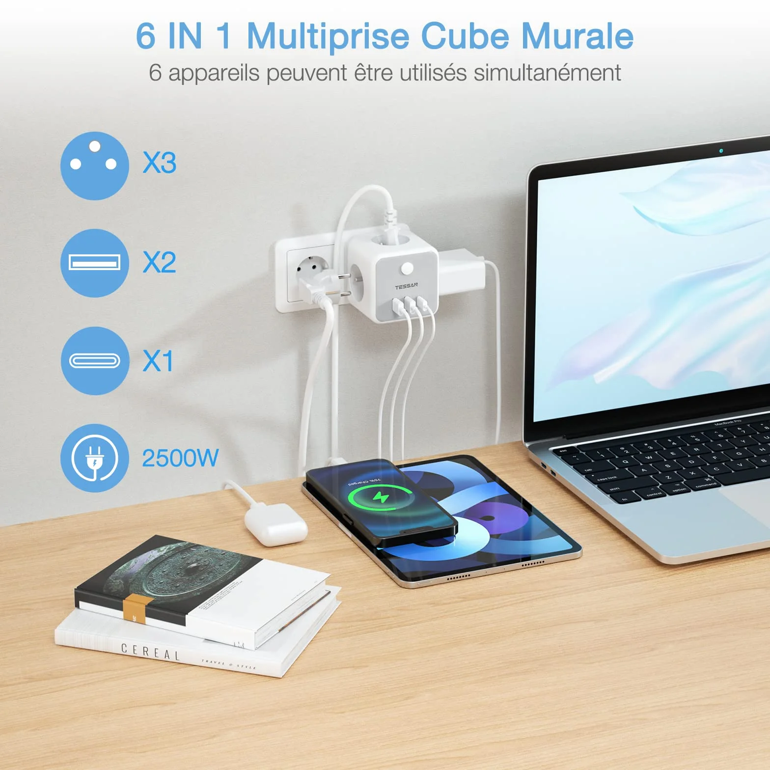 TESSAN Multiprise Cube 6-en-1 Chargeur USB Murale Prise Française 3 Sortie AC 3 Ports USB Adaptateur Secteur 2500W Gris