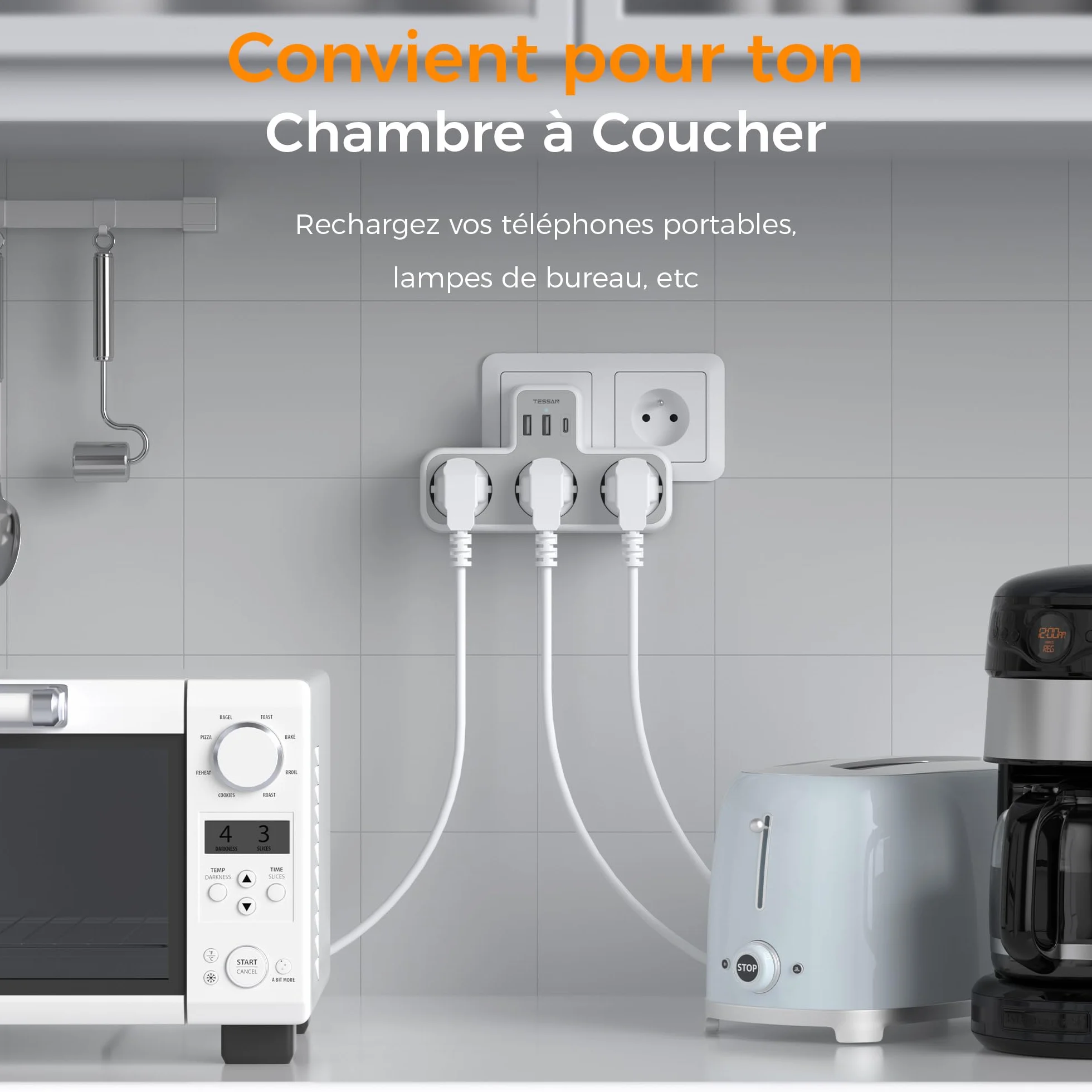 TESSAN Multiprise Murale Française 3 Sortie AC 3 Ports USB 6 en 1 Prise Chargeur 4000W
