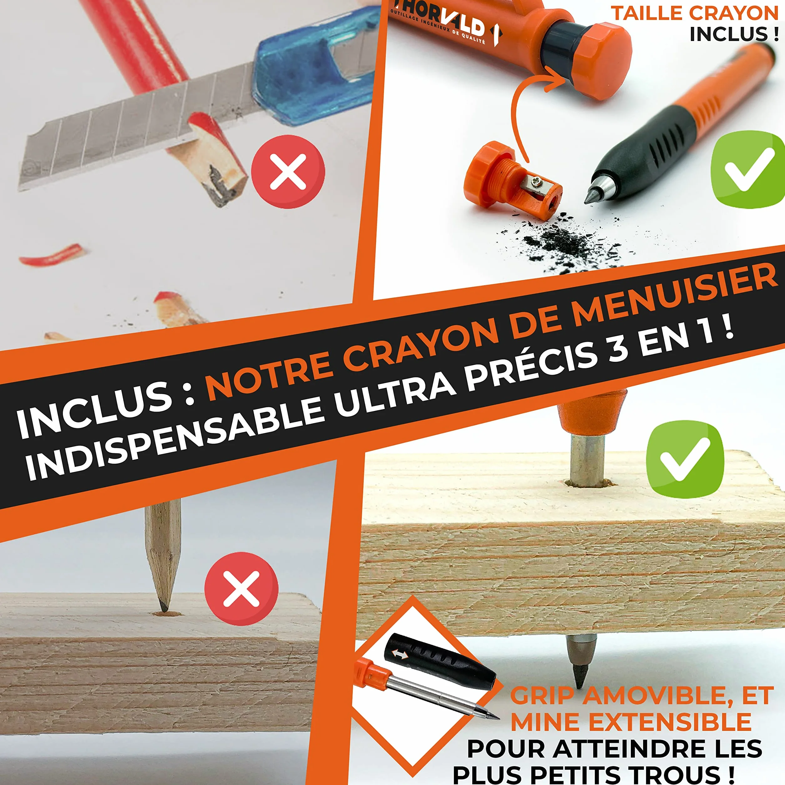 THORVALD 5 en 1 Equerre Menuisier 180 mm Aluminium Trusquin Rapporteur Gabarit de percage