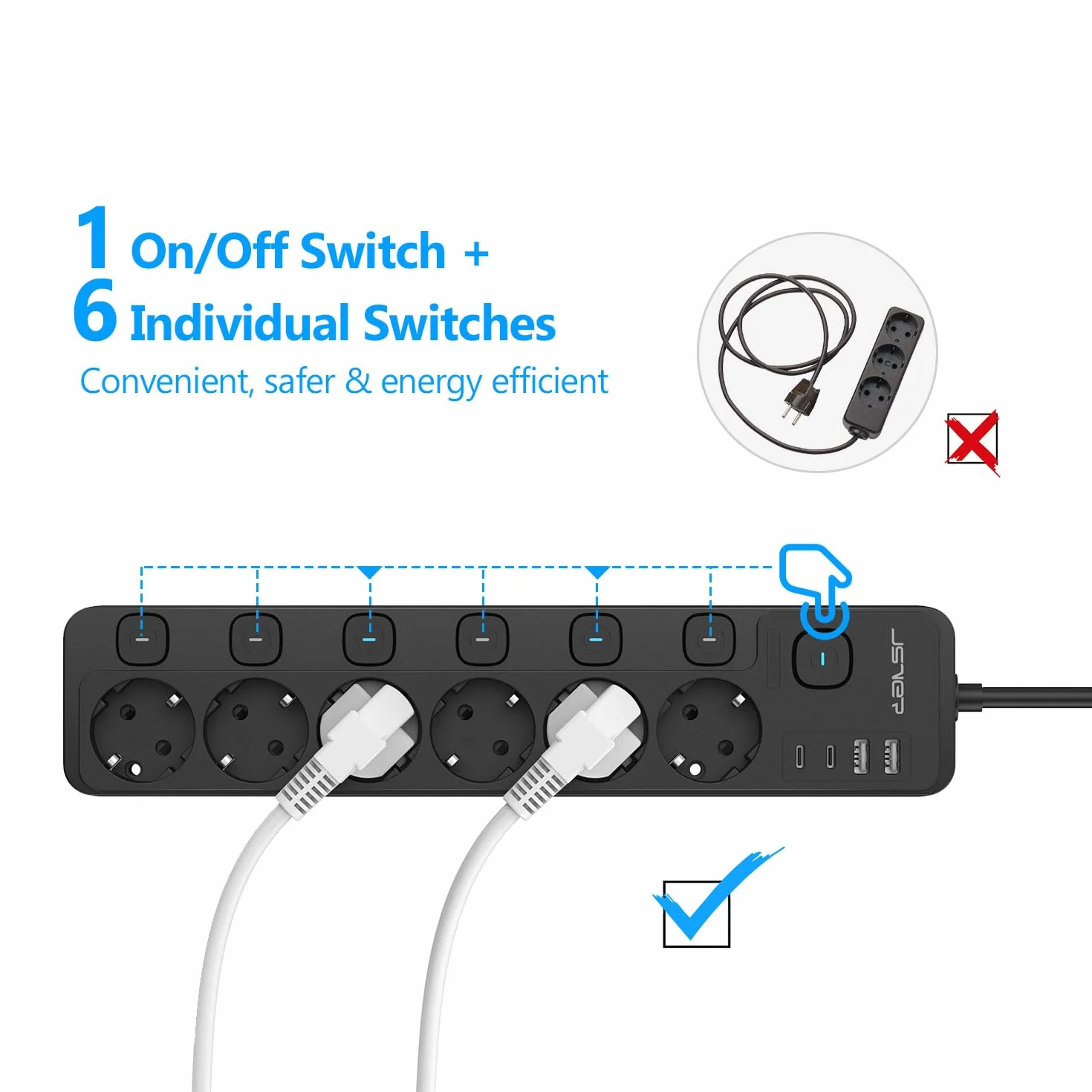 Multiprise USB avec Interrupteurs individuels 6 Prises 2 USB 3680W 16A Cable 2m Noir