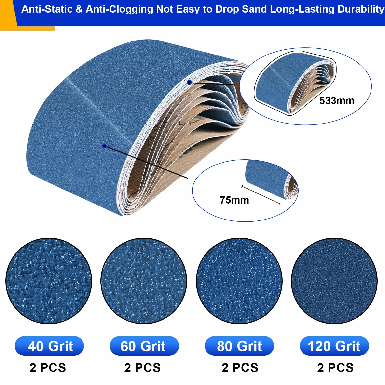 Bandes Abrasives 75 x 533 mm 8 Pièces Grain 40/60/80/120 pour Ponceuse à Bande Métal Bois