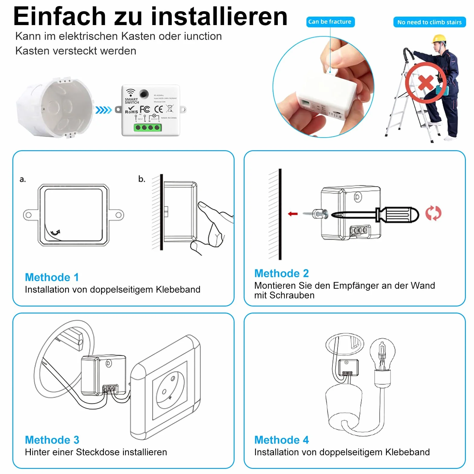 ARCELI Interrupteur Sans Fil Kit 433Mhz 2200W/10A 1 RF 2 Récepteurs Éclairage Intelligent 30-50M