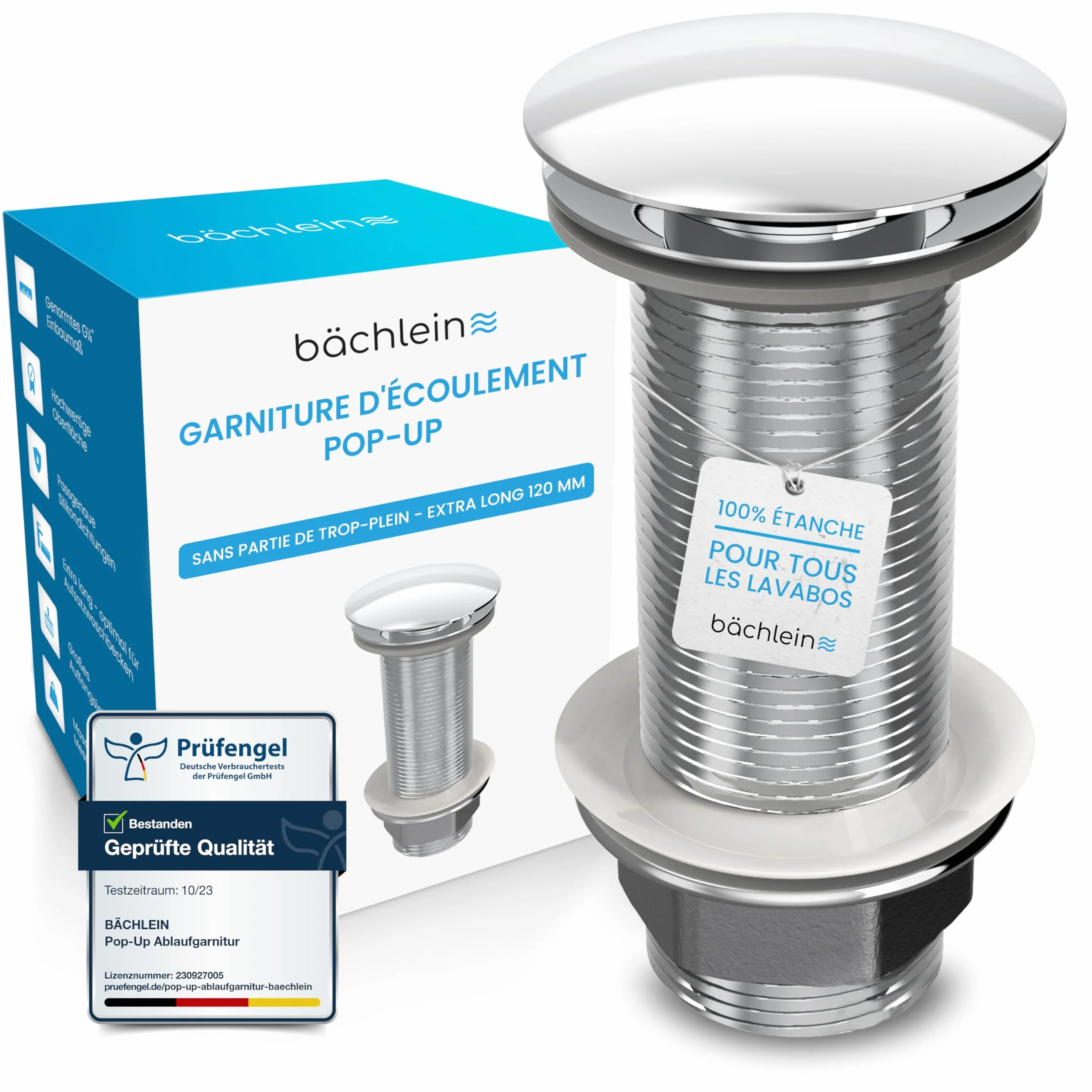 Bächlein Bonde universelle extra longue sans trop-plein chrome Valve Pop Up lavabo à poser