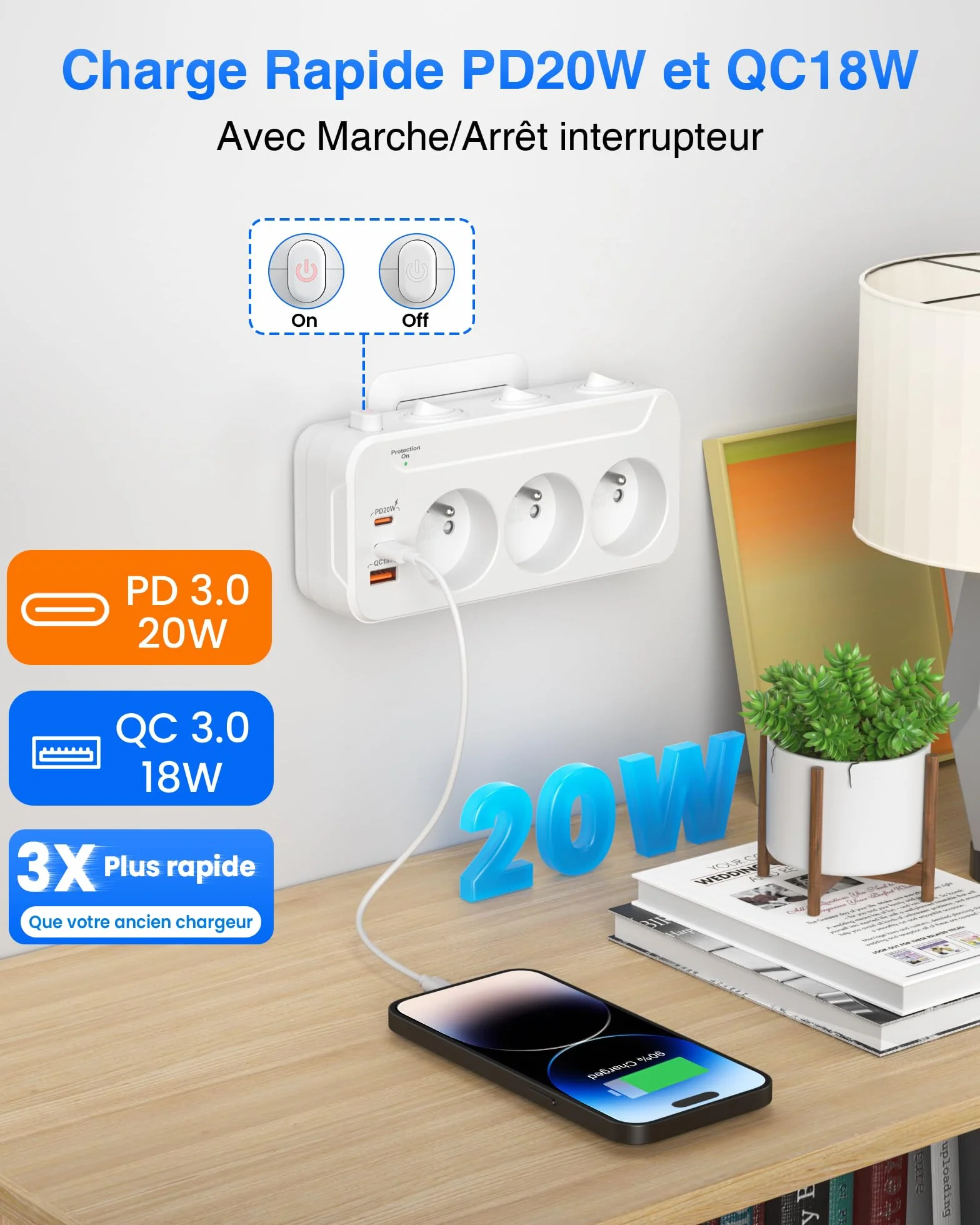 Multiprise avec Interrupteur Individuel, Parafoudre 3 Prises Française, Bloc Prise Multiple Murale avec Terre, Triplite Rotation Horizontale et Verticale, Blanc