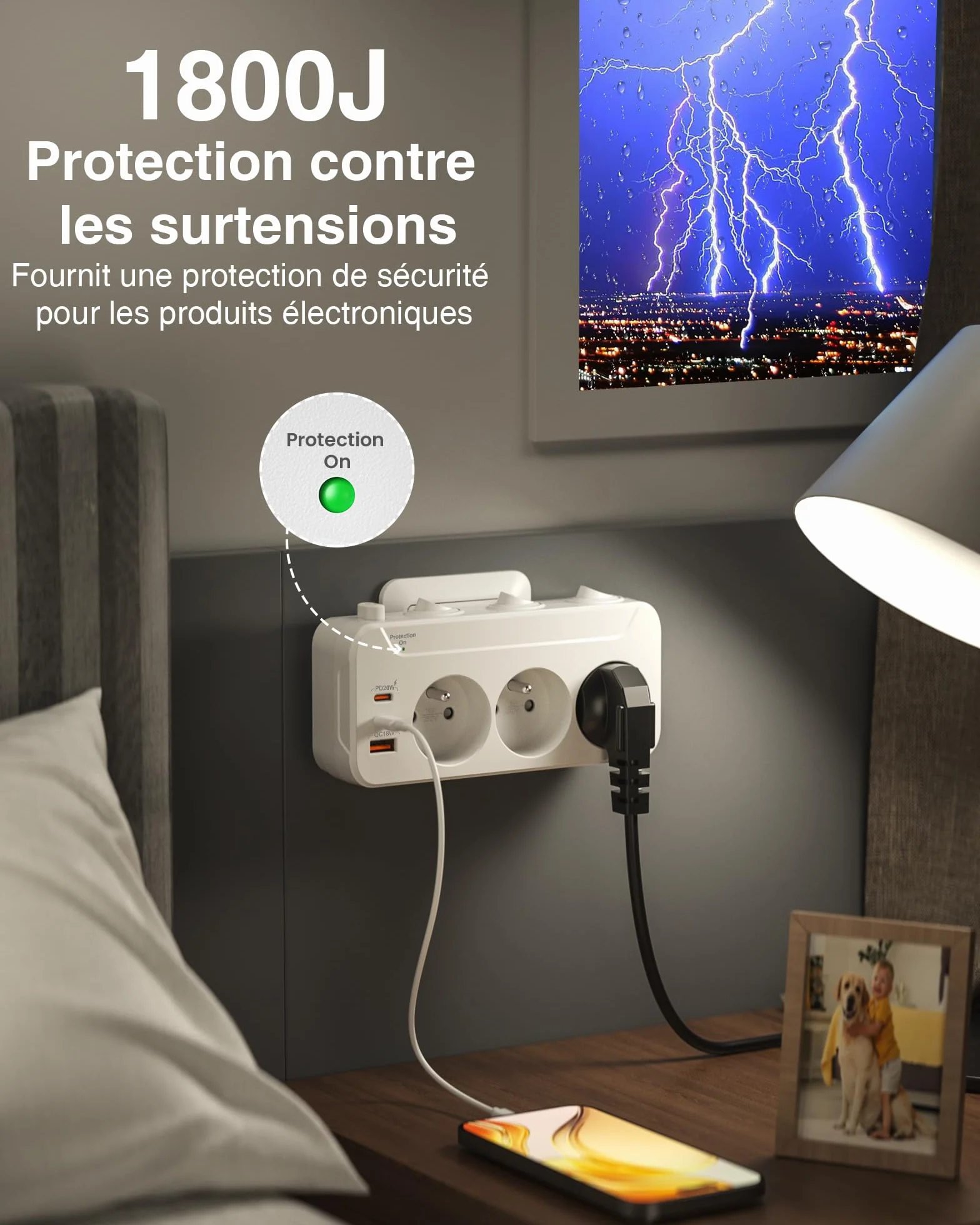 Multiprise avec Interrupteur Individuel, Parafoudre 3 Prises Française, Bloc Prise Multiple Murale avec Terre, Triplite Rotation Horizontale et Verticale, Blanc