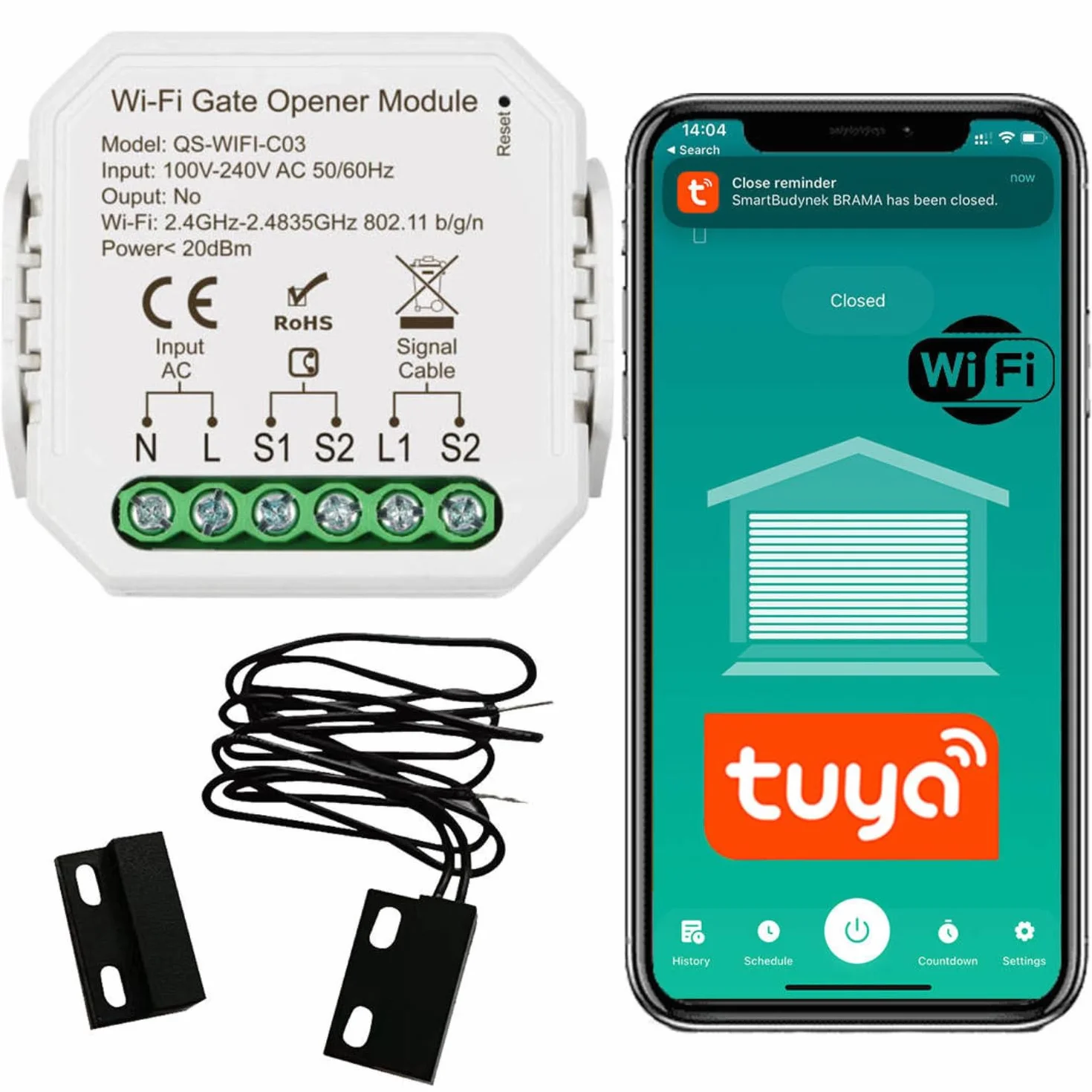 Sone Smart One Ouvre Portail Connecté WiFi 2.4GHz 230V Contact Sec - Compatible Tuya Smart Life Alexa Google Home - Capteur Inclus 46x46x18mm