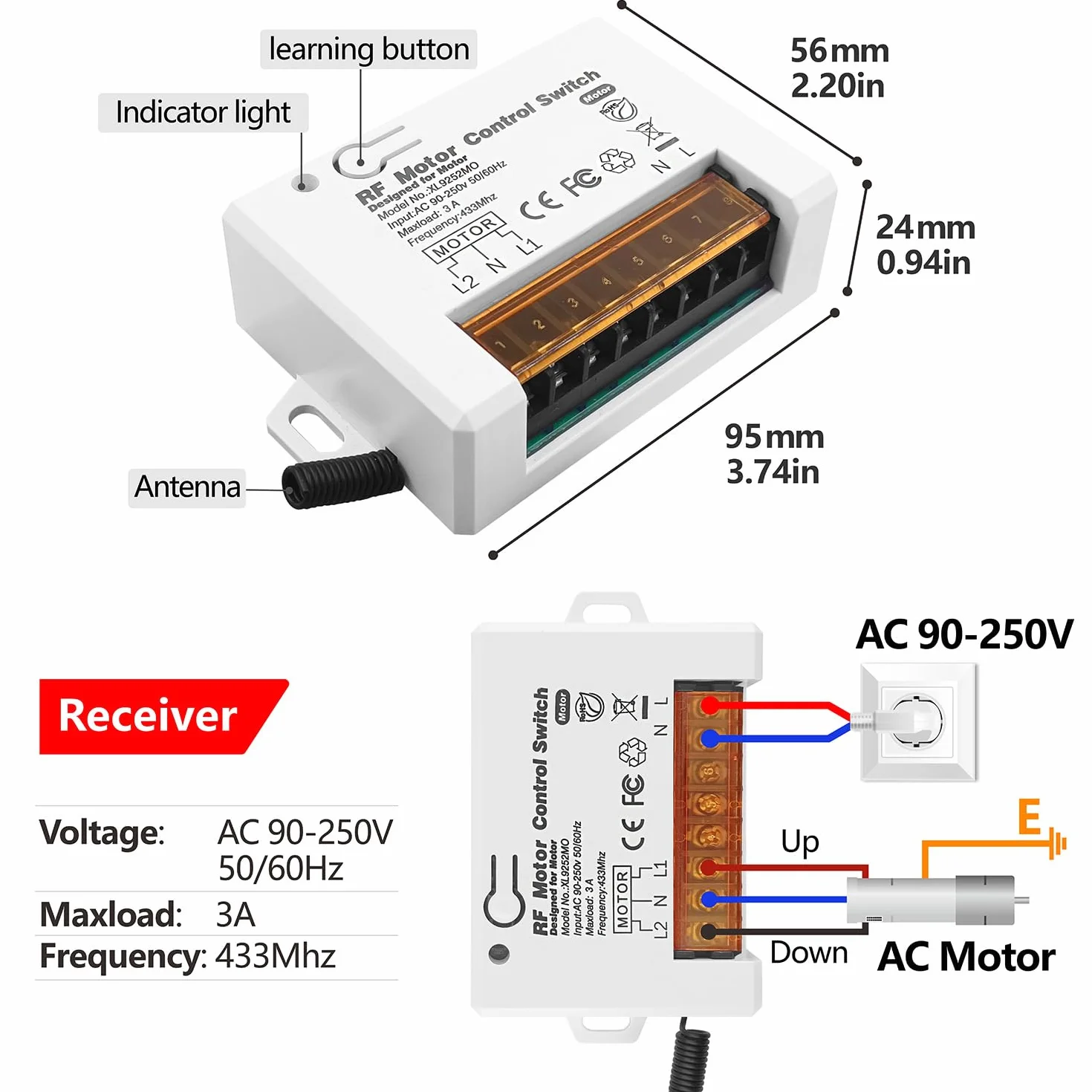 DieseRC Interrupteur de Télécommande de Volet Roulant sans Fil 90V 250V 3A 2 émetteurs