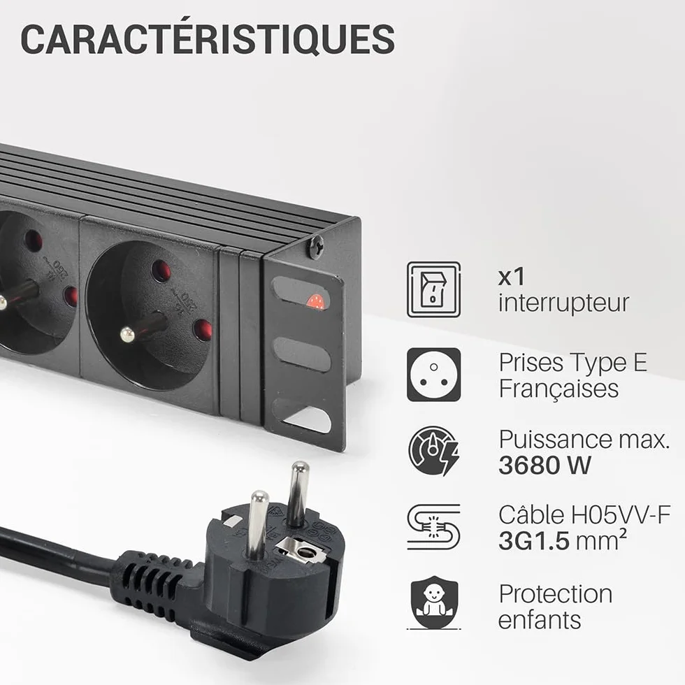 Multiprise Rackable 19 Pouces 8 Prises Schuko avec Interrupteur Fixations Pattes Métal Câbles 1,80m Fiche CEE 7/7