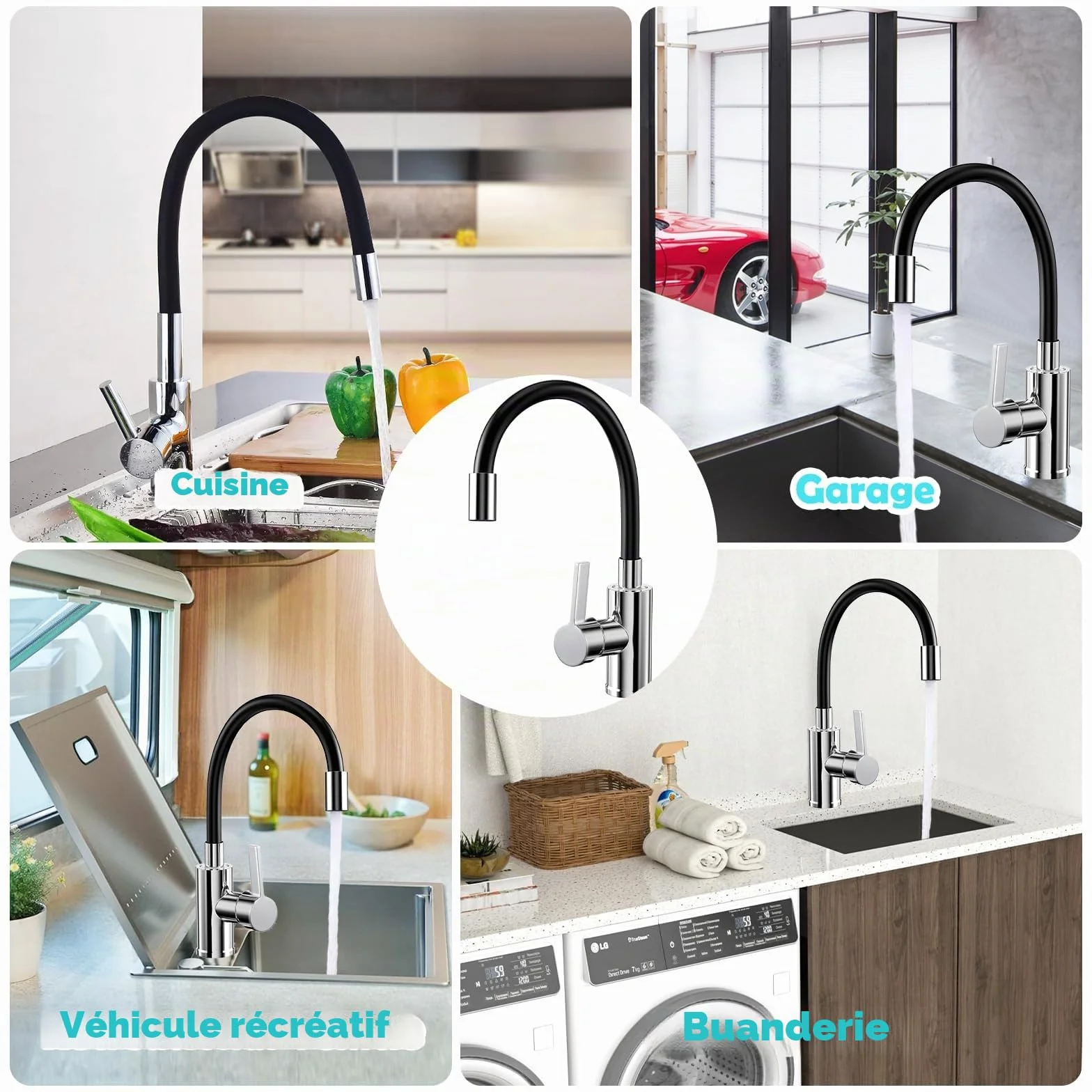 Mitigeur Cuisine Rotatif 360° Acier Inoxydable Bec Flexible Robinet Evier Haute Pression Noir