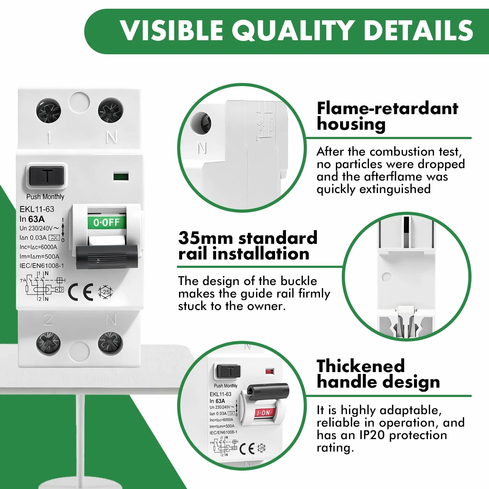 Disjoncteur différentiel 30mA 63A type A RCCB 2P AC230V EKL11-63 Protection contre les fuites