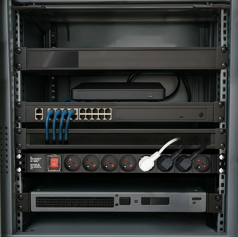 Multiprise Rackable 19 Pouces 8 Prises Schuko avec Interrupteur Fixations Pattes Métal Câbles 1,80m Fiche CEE 7/7