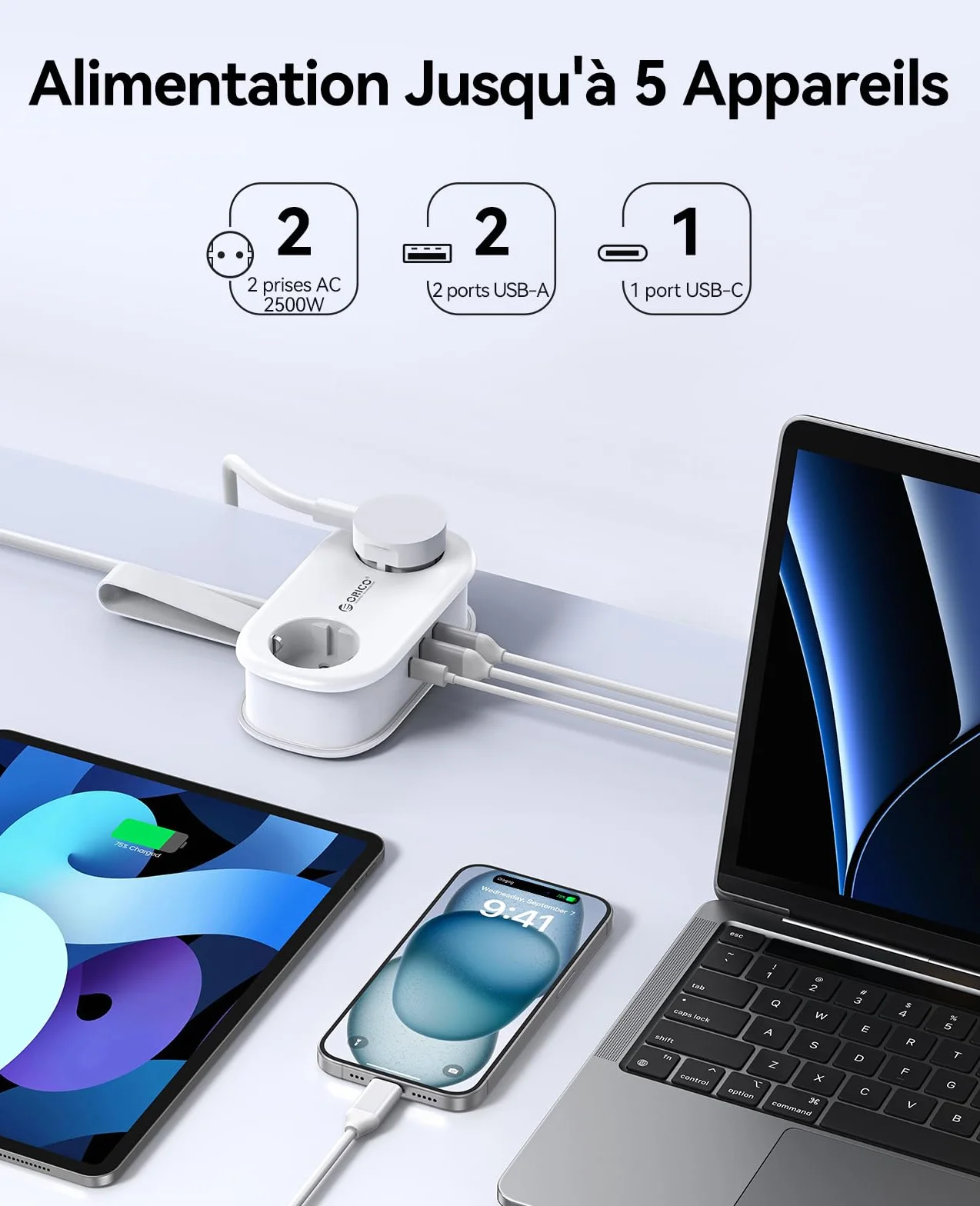 ORICO Multiprise Voyage 2 Prises USB-C 20W PD Blanc Compacte Portable Cordon 1,5m