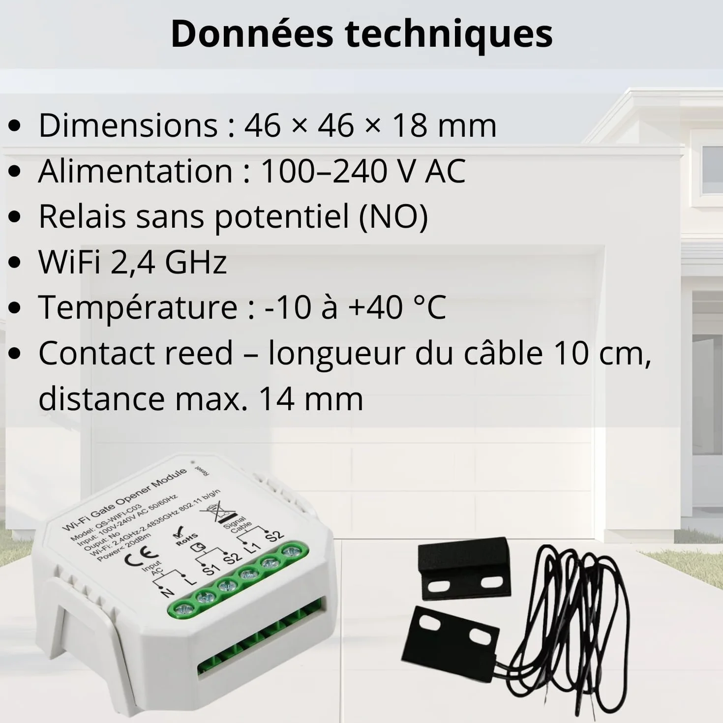 Sone Smart One Ouvre Portail Connecté WiFi 2.4GHz 230V Contact Sec - Compatible Tuya Smart Life Alexa Google Home - Capteur Inclus 46x46x18mm