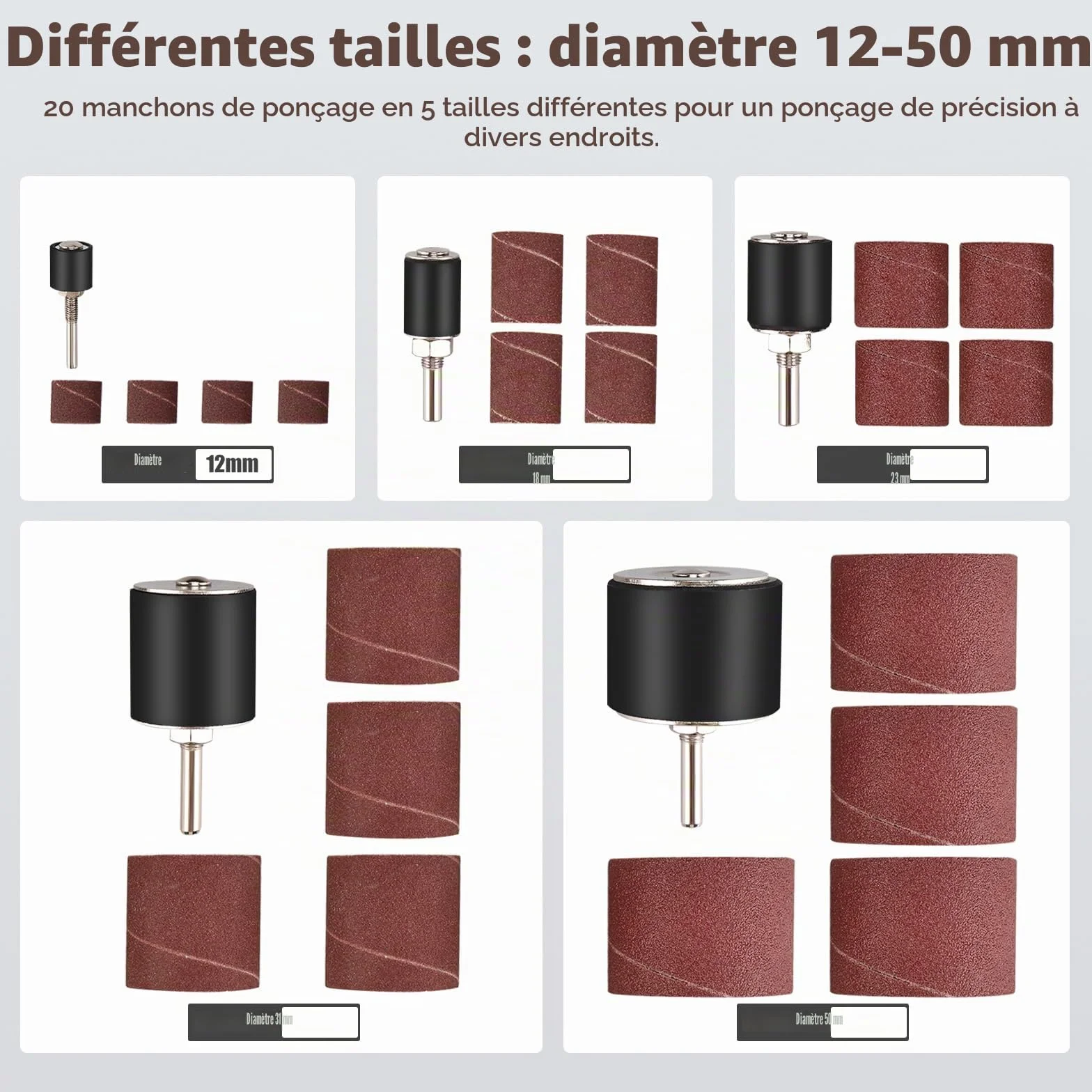FreeTec Tambour de Poncage Manchon Abrasif 80 120 Grain 1/8" 1/4" Ø12-50 mm 25pcs