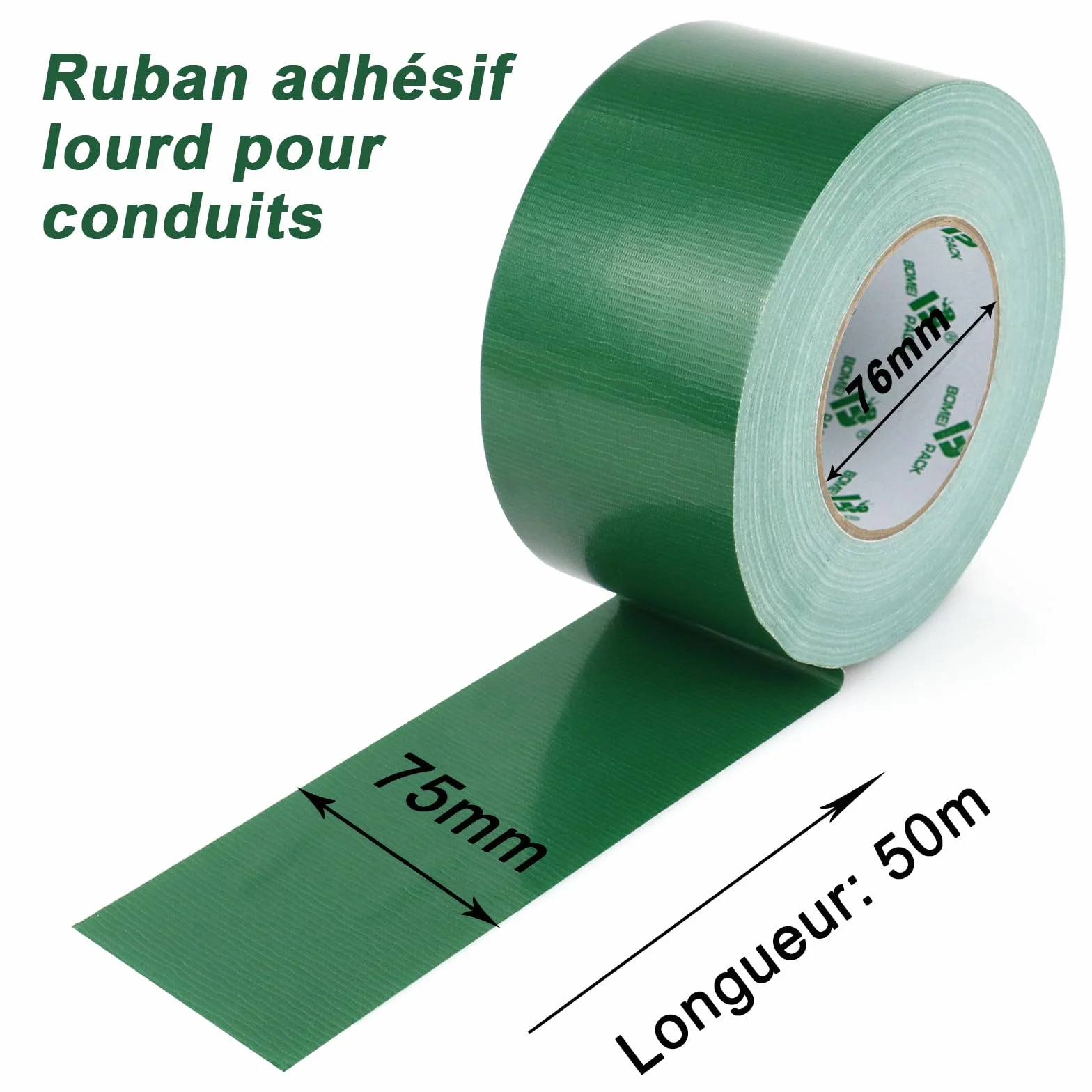 BOMEI PACK Ruban Adhésif Toilé Heavy Duty Duct Tape 75mm x 50 m Vert